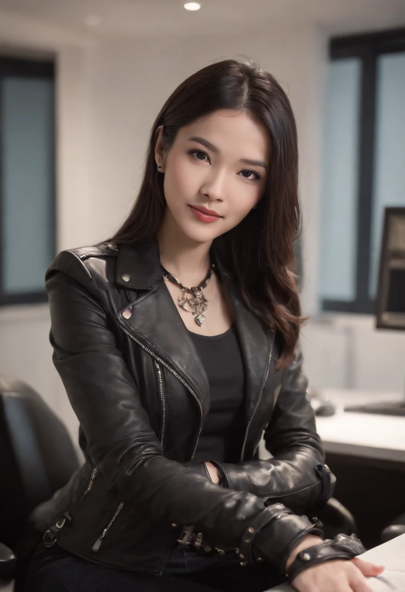 Wearing black leather gloves in both hands, upper body, black leather riders jacket, necklace on the chest, smiling at the desk in the modern study in the dark, long and straight black hair, young Japanese woman (black leather gloves covering both hands) with the fingers of black leather gloves, sitting on the chair, working on the computer, staring at the screen