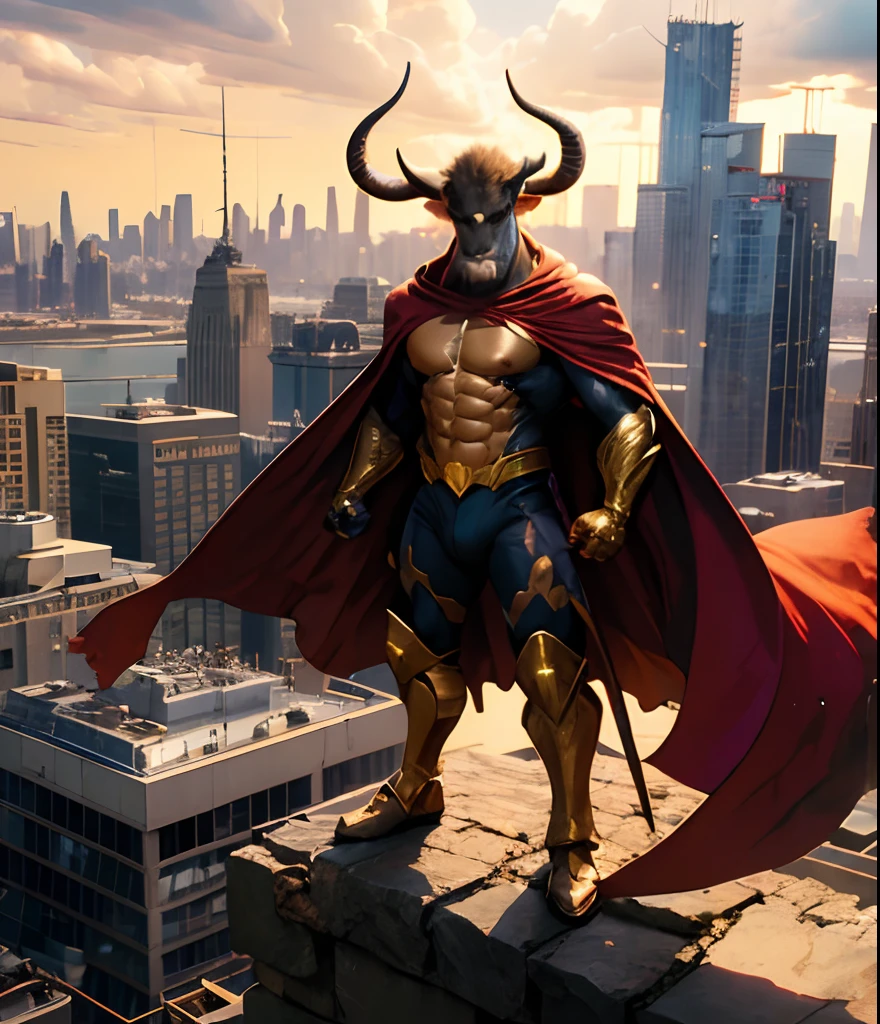 Superhero cow wearing a cape, muscular, horns, triumphant, standing on top of a building overlooking the city