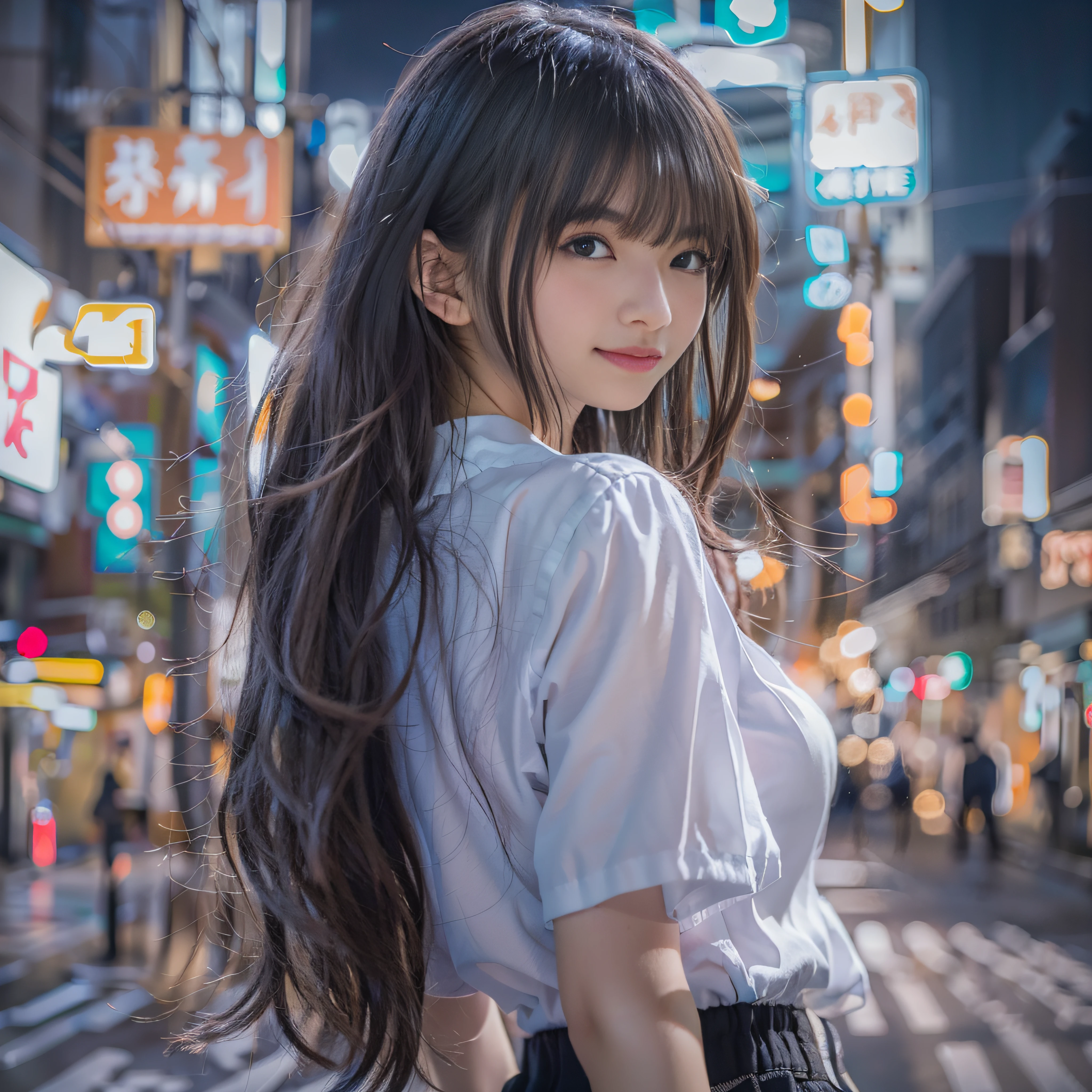 1人、on tokyo street、A city scape、night cityscape、Neon Street、The upper part of the body、a closeup、A smile、、(8K、Raw photography、top-quality、masterpiece:1.2)、(realisitic、photoRealstic:1.37)、Highly detailed eyelash drawing、(((Top image quality))),Colossal tits、Fine skin, (Beautiful hair), (Perfect Anatomy), (Realistic), (Dynamic Angle), Pose Seductive,Perfect,Sensual look、top-quality、hight resolution、