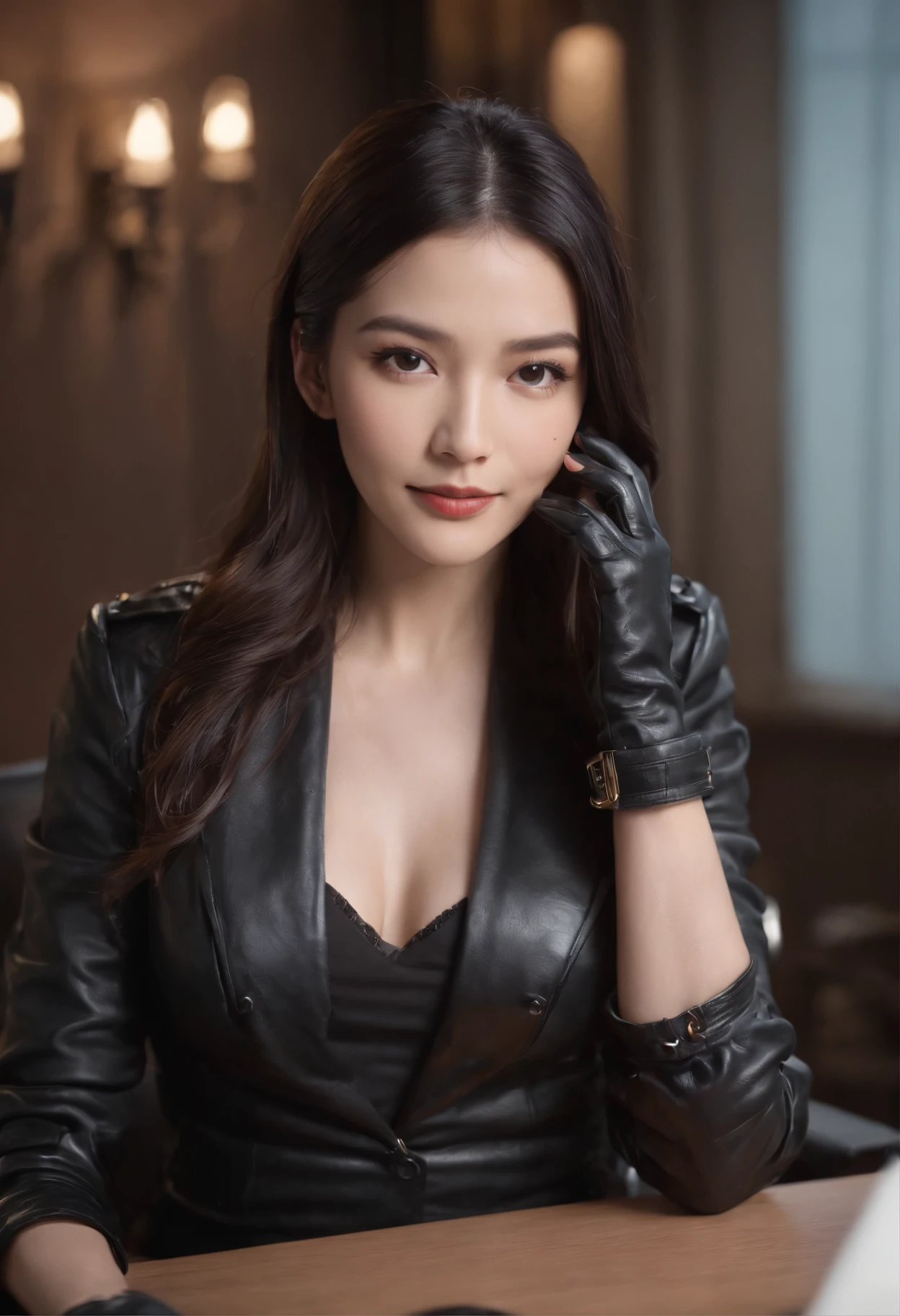 Wearing black leather gloves in both hands, upper body, black leather riders jacket, necklace on the chest, smiling at the desk in the modern study in the dark, long and straight black hair, young Japanese woman (black leather gloves covering both hands) with the fingers of black leather gloves, sitting on the chair, working on the computer, staring at the screen
