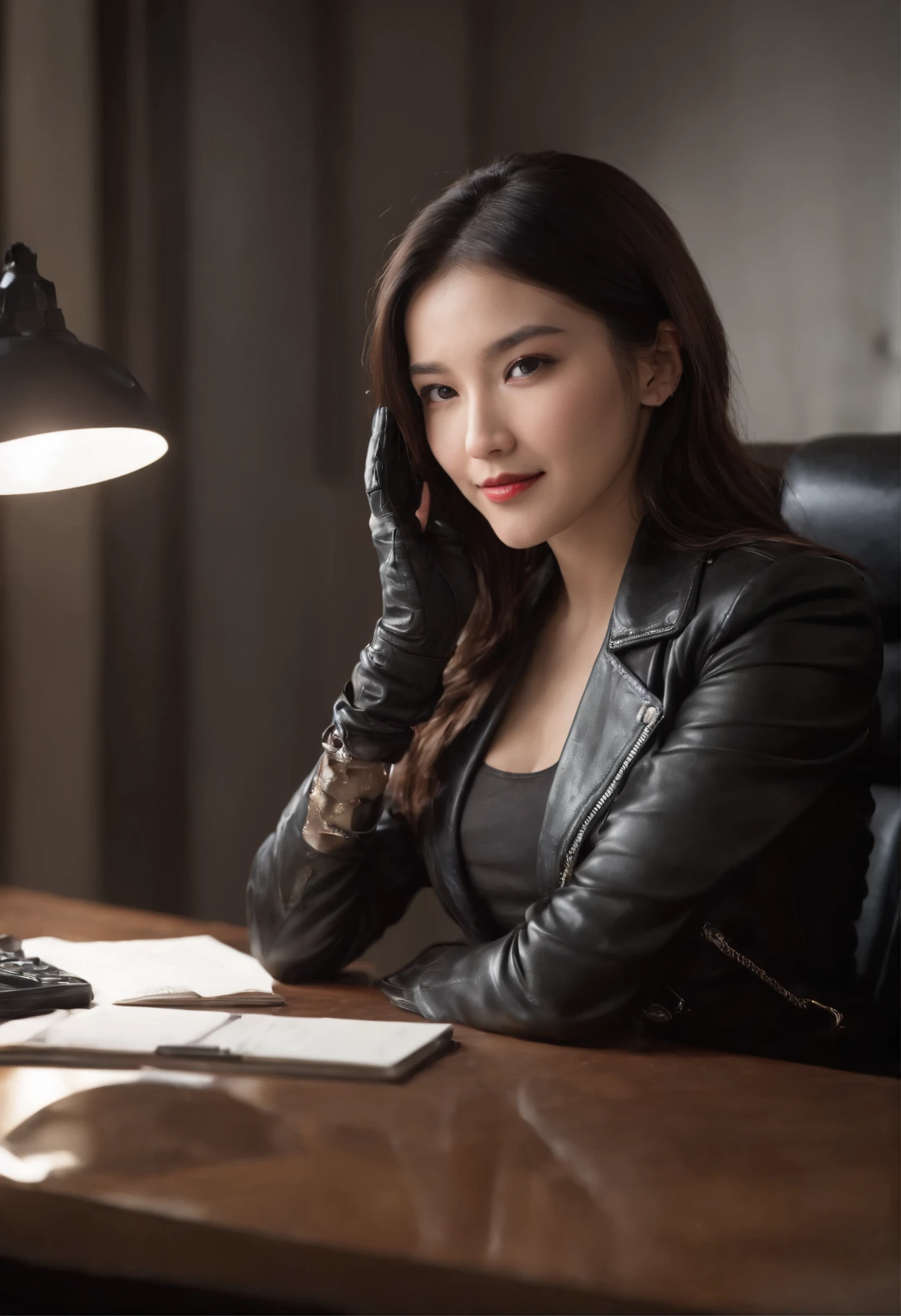Wearing black leather gloves in both hands, upper body, black leather riders jacket, necklace on the chest, smiling at the desk in the modern study in the dark, long and straight black hair, young Japanese woman (black leather gloves covering both hands) with the fingers of black leather gloves, sitting on the chair, working on the computer, staring at the screen