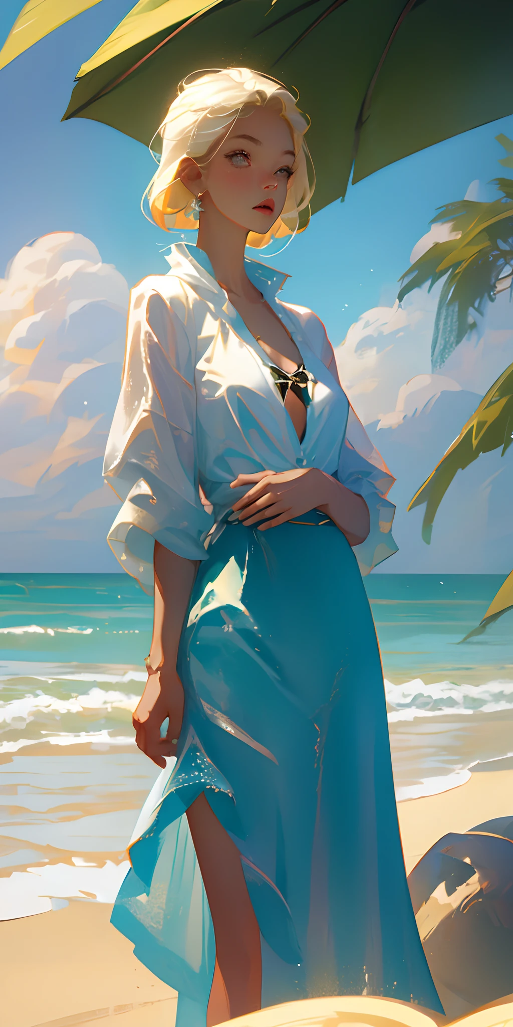 blond hairbl,girl,比基尼,beachside,Bare chest,