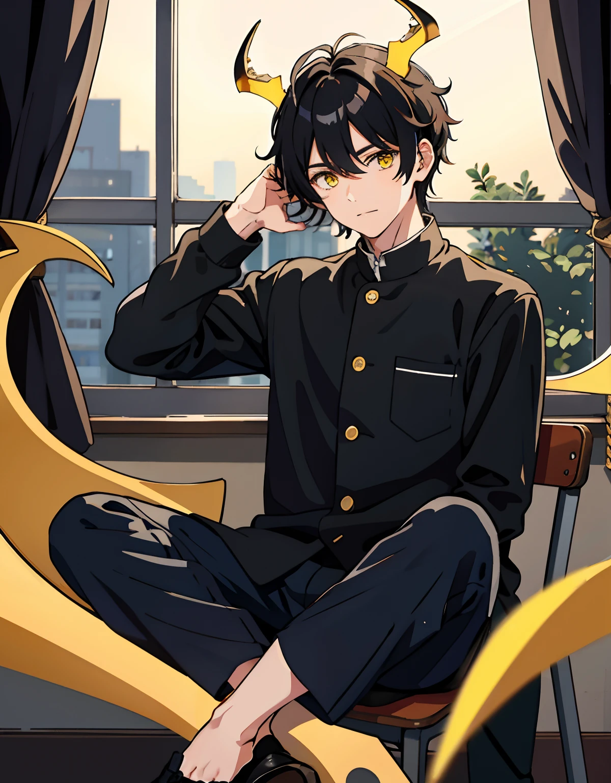 1boy, sitting, in the classroom, black hair, yellow eyes, devil horn, calm atmosphere