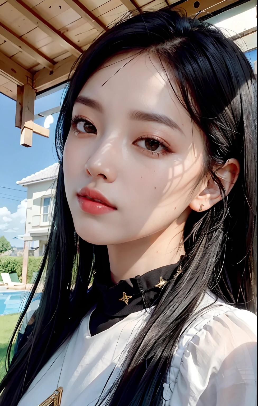 Best Quality, Masterpiece, Girl, Black Hair, Black Eyes, House, Shining Sun, Shiny Skin, Sun Flare, (Reality:1.2)