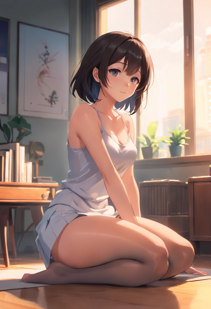 ((4k, masterpiece, highest quality)), 1 girl, anime, short hair, red eyes, big breasts, cute, blush, Sweat,red checked pleated skirt, underwear, spread your legs, Wet, white tank top, barefoot, Y word, whole body,toes