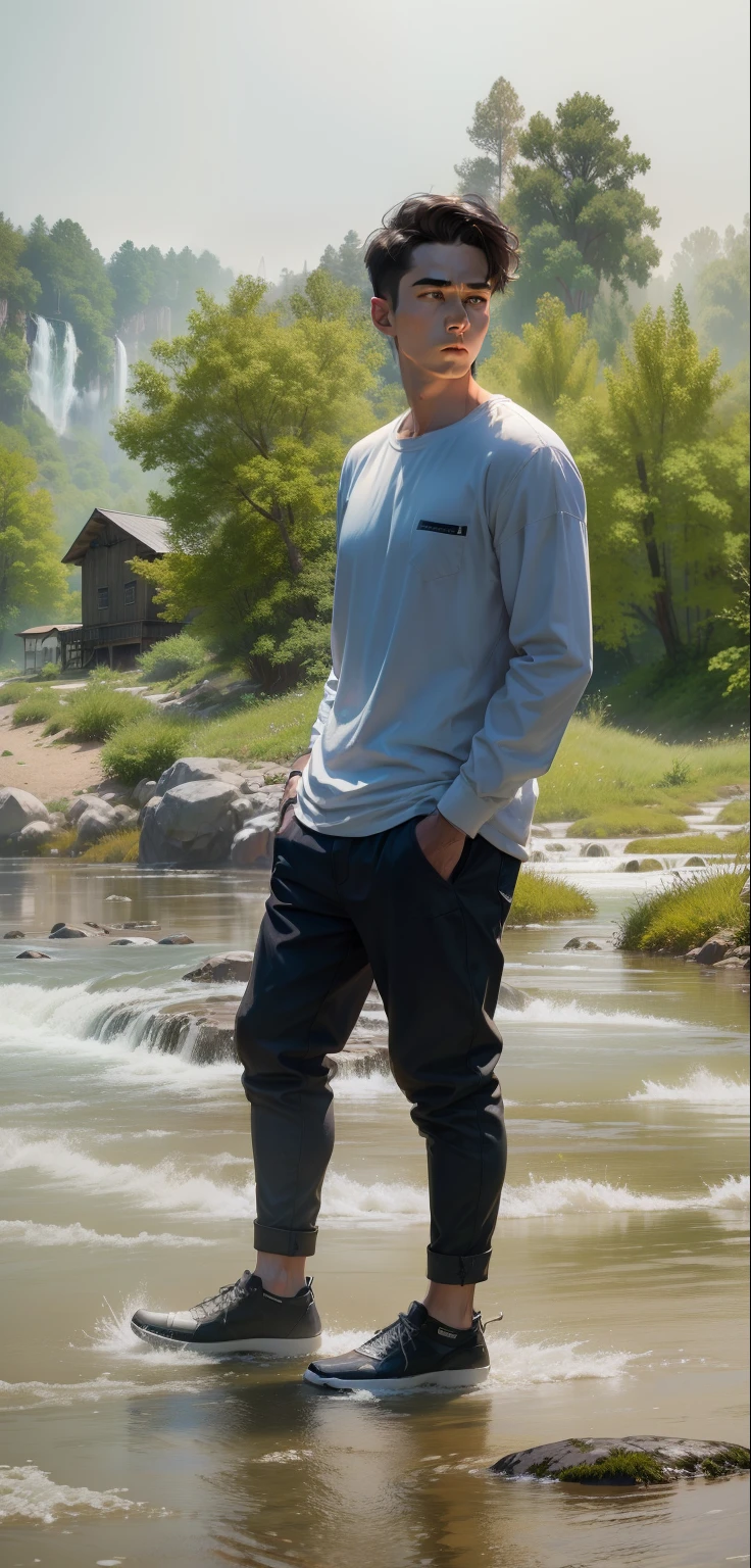 Background change , cool picture, stylish dressing, oil painting, 8k quality, 4K quality, wearing white T-shirts, with a light-hued Christmas background with white and gold accents.Analog style,ChromaV5,nvinkpunk,(extremely detailed CG unity 8k wallpaper),An image of a majestic river, trees on the sides, tiny waterfall, intense fog ,award winning photography, Chromatic Aberration, Detailed , HDR, Bloom, style by Monet, Pissarro, and Sisley ,trending on ArtStation, trending on CGSociety, art by midjourney