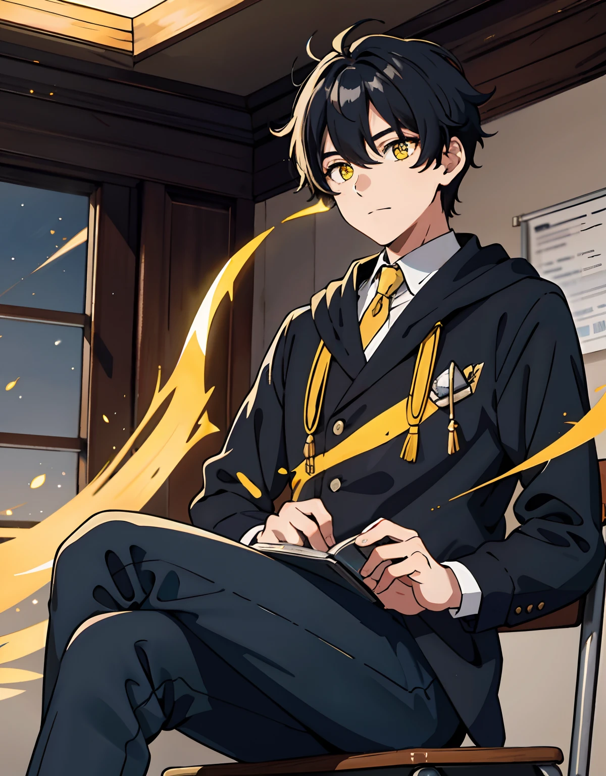 1boy, sitting, in the classroom, black hair, yellow eyes, detailed eyes, ultra hd, shining eyes, calm atmosphere