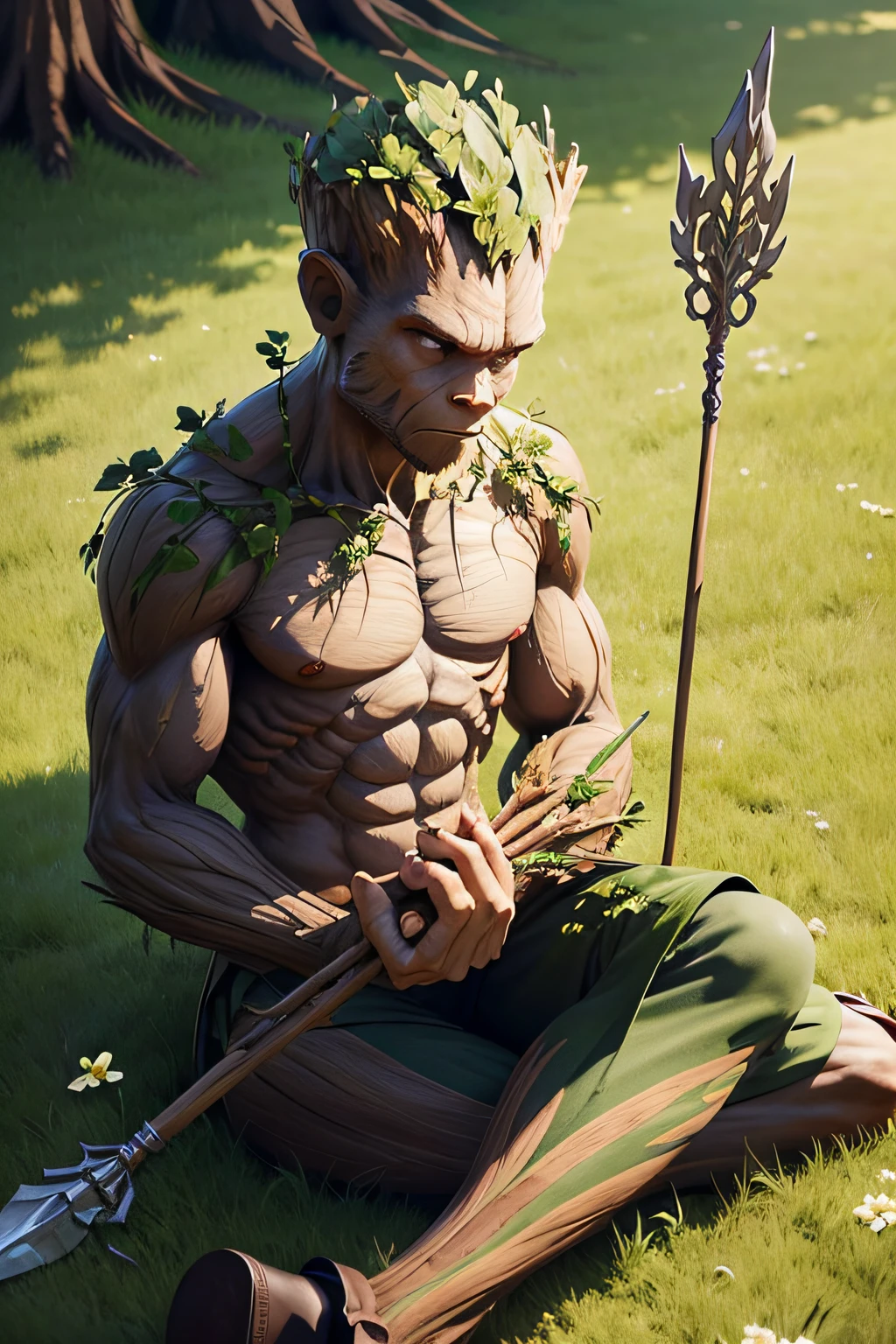 Thoughtful big groot with a spear sitting on the grass