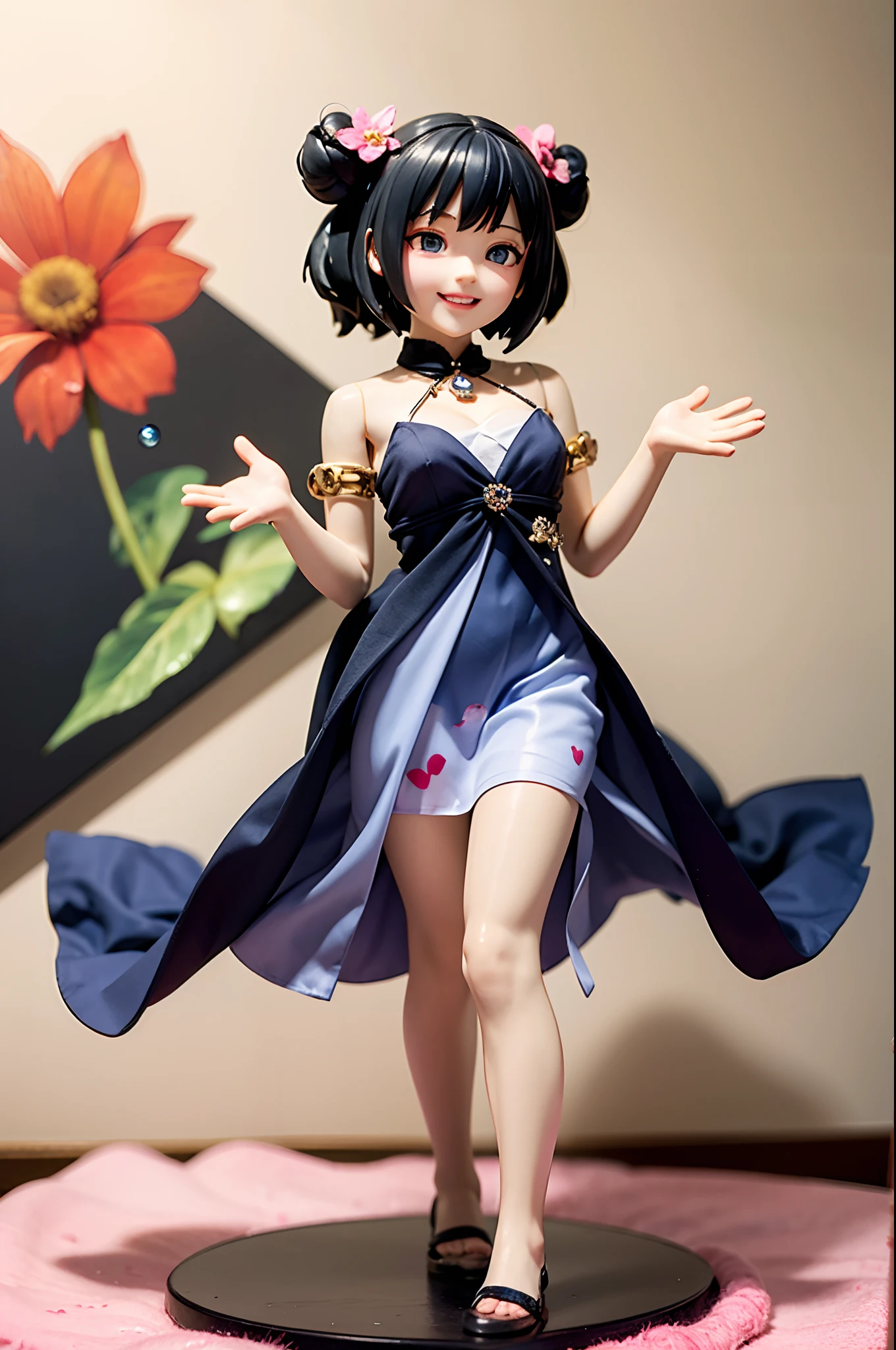 photoRealstic、Doll standing in front of the painting(nendroid)、Open mouth and big smile、Water droplets on the cheeks、Making a heart with both hands、watercolor Nendoroid、(High Definition Figure)、Flowing iridescent silk、up of face、Eye Up、Colorcon with heart pattern、Floral dress、There are also flowers in front of the nendroids、flower petals、season!!: 夏天☀ 🍂