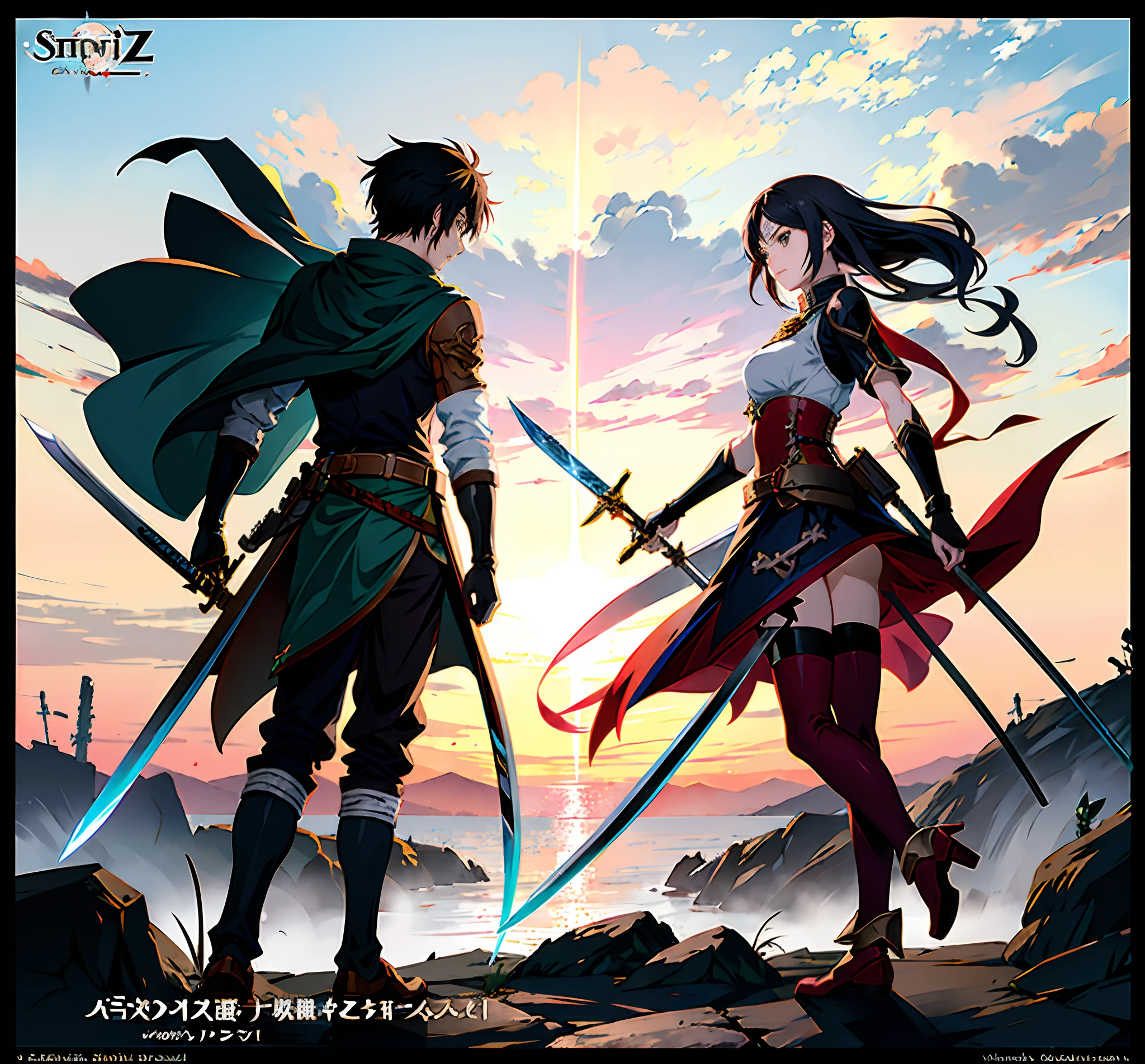 anime characters with swords and a woman with a sword, sao style anime, krenz cushart and wenjun lin, 2 d anime style, anime concept art, ( ( character concept art ) ), hero 2 d fanart artsation, epic anime style, tome + concept art, full body action concept art, full body concept art, cushart kenz
