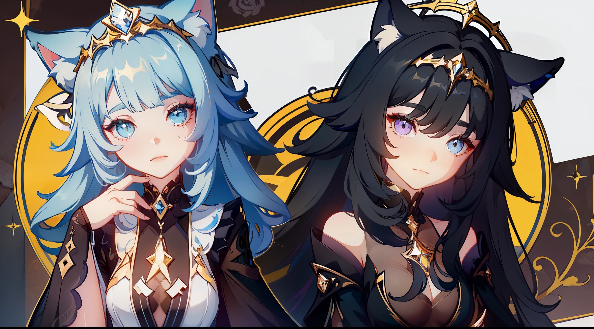 beautiful girl, with long black hair, heterochromatic eyes (blue/yellow), no smile, very sad appearance, black dress, looking down, with black and gold angel wings and a cat ear tiara, bright colors (at the bottom written "Prisma")