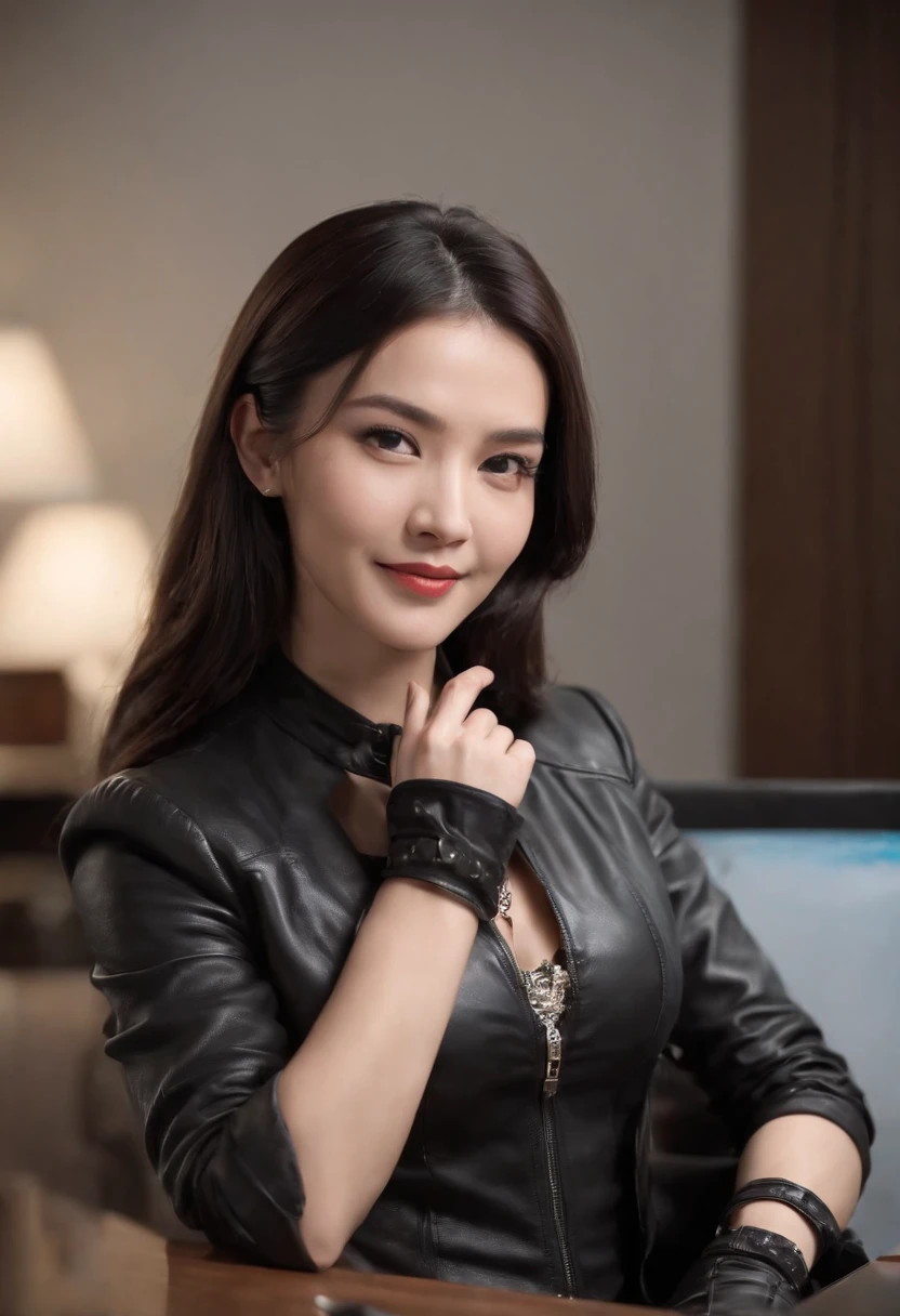 Wearing black leather gloves in both hands, upper body, black leather riders jacket, necklace on the chest, smiling at the desk in the modern study in the dark, long and straight black hair, young Japanese woman (black leather gloves covering both hands) with the fingers of black leather gloves, sitting on the chair, working on the computer, staring at the screen