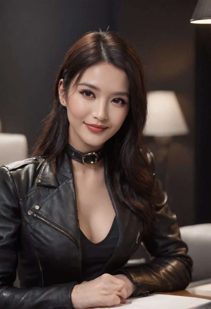 Wearing black leather gloves in both hands, upper body, black leather riders jacket, necklace on the chest, smiling at the desk in the modern study in the dark, long and straight black hair, young Japanese woman (black leather gloves covering both hands) with the fingers of black leather gloves, sitting on the chair, working on the computer, staring at the screen