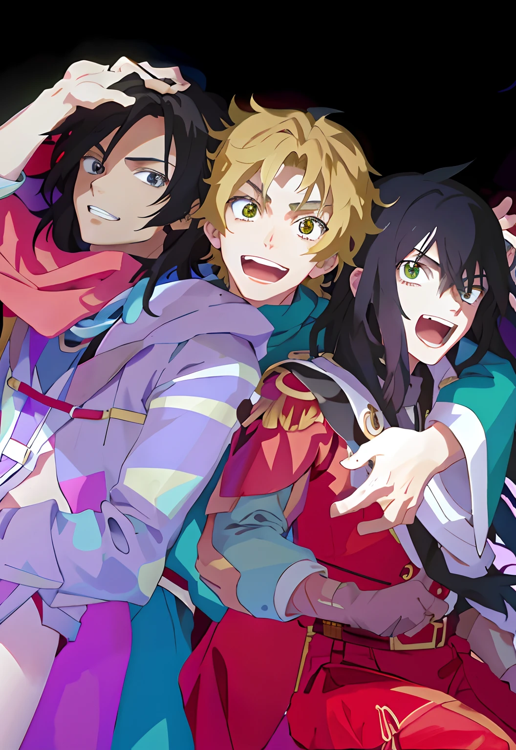 anime characters posing for a picture with a black background, official anime still, still from tv anime, Cute boy with long black hair, blonde pretty boy with white skin, cute brown boy with curly hair