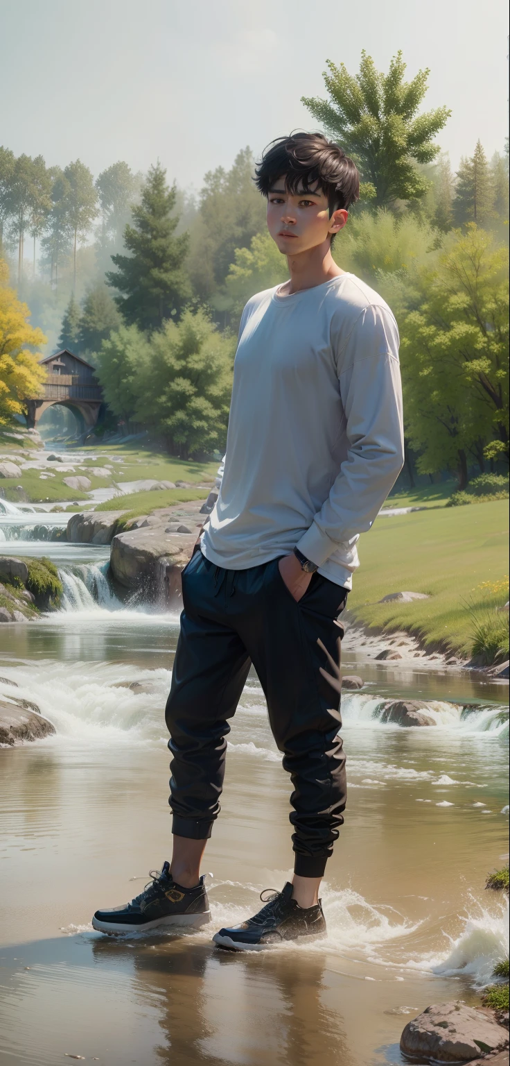 Background change , cool picture, stylish dressing, oil painting, 8k quality, 4K quality, wearing white T-shirts, with a light-hued Christmas background with white and gold accents.Analog style,ChromaV5,nvinkpunk,(extremely detailed CG unity 8k wallpaper),An image of a majestic river, trees on the sides, tiny waterfall, intense fog ,award winning photography, Chromatic Aberration, Detailed , HDR, Bloom, style by Monet, Pissarro, and Sisley ,trending on ArtStation, trending on CGSociety, art by midjourney