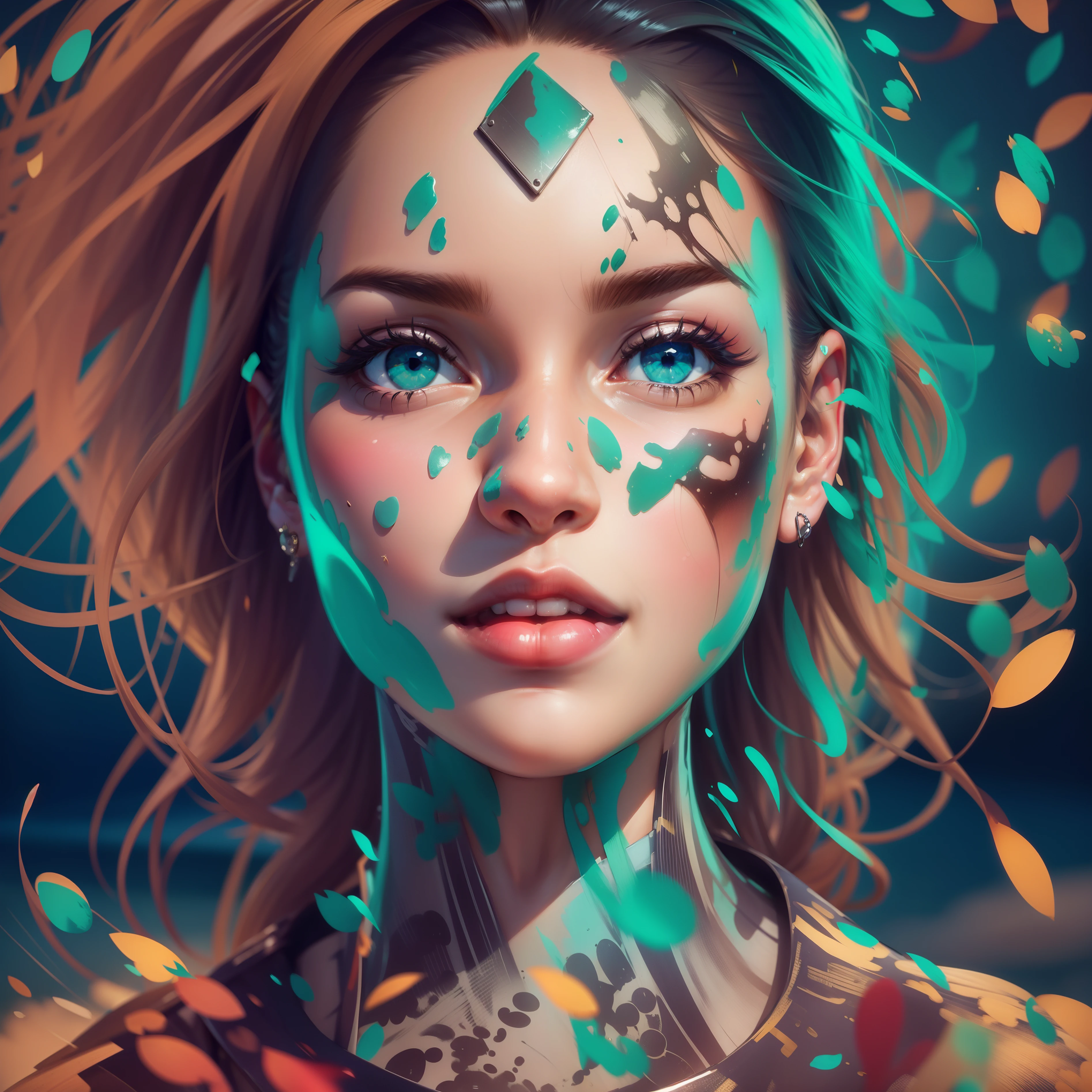 full figure looking at us winking, standing, the wind blowing through her hair. cinematic quality, dressed in a similar way to the face, cinematic light