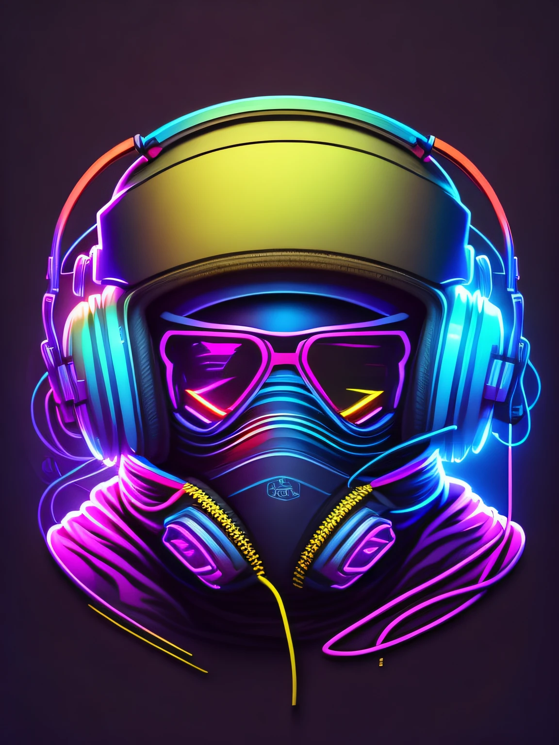 Girls head, headset, hood, cool neon colors, t-shirt design, rzminjourney, vector art