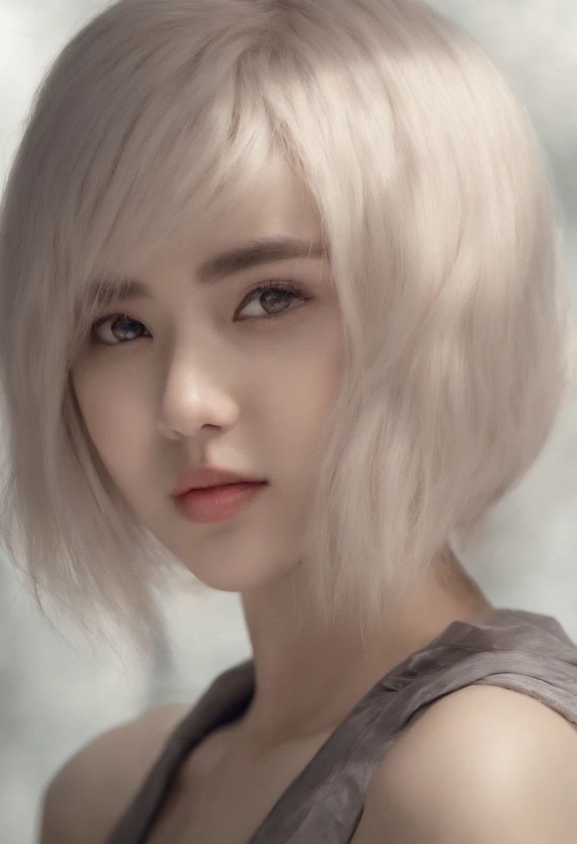 big breast, short bob layer hair, korean girl, manhwa girl, pretty, naughty face, tank top, abs, 18 years old girl, black hair, white hair, Big breasts :1.2,