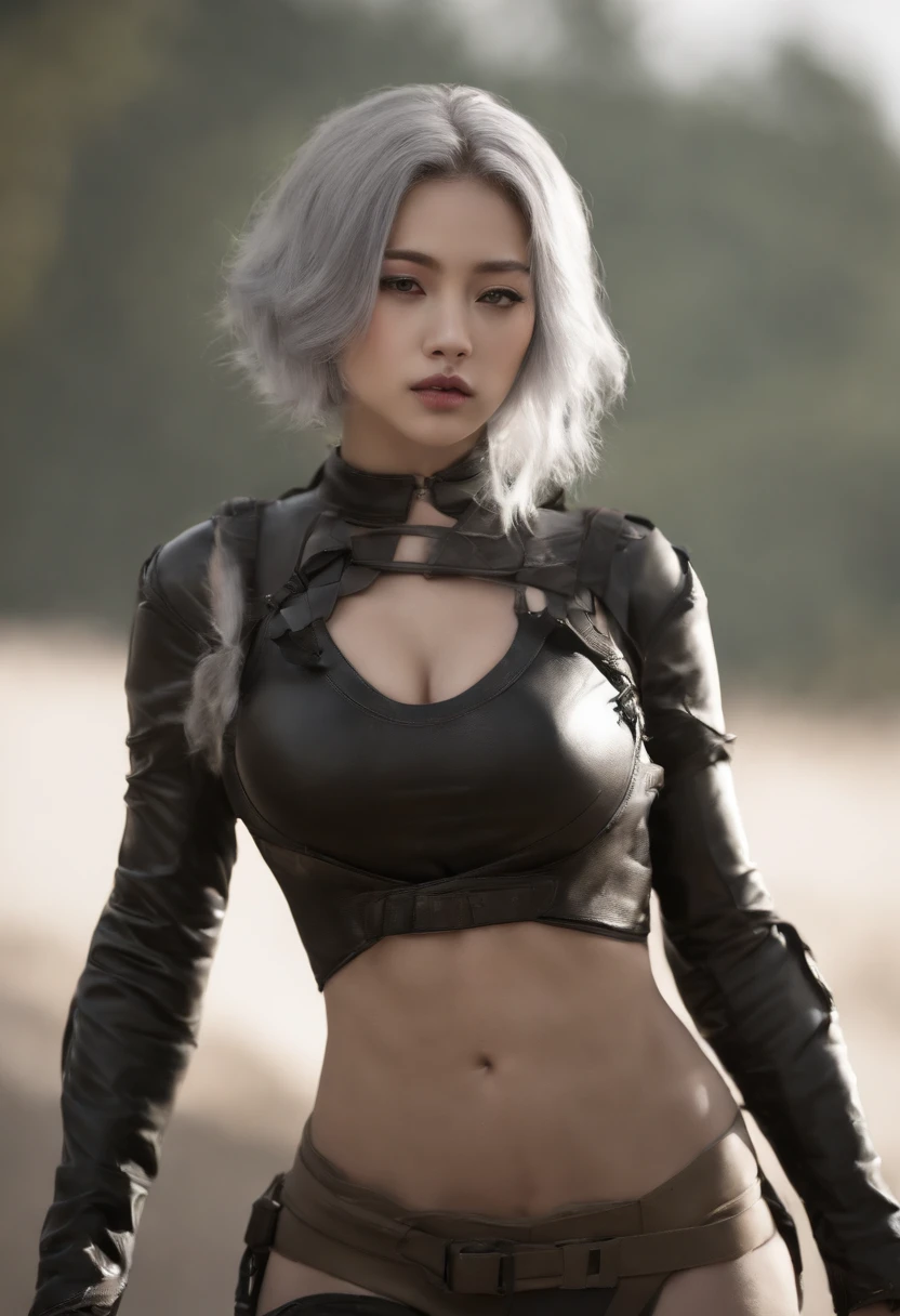 big breast, short bob layer hair, korean girl, manhwa girl, pretty, naughty face, tank top, abs, 18 years old girl, black hair, white hair, Big breasts :1.2,
