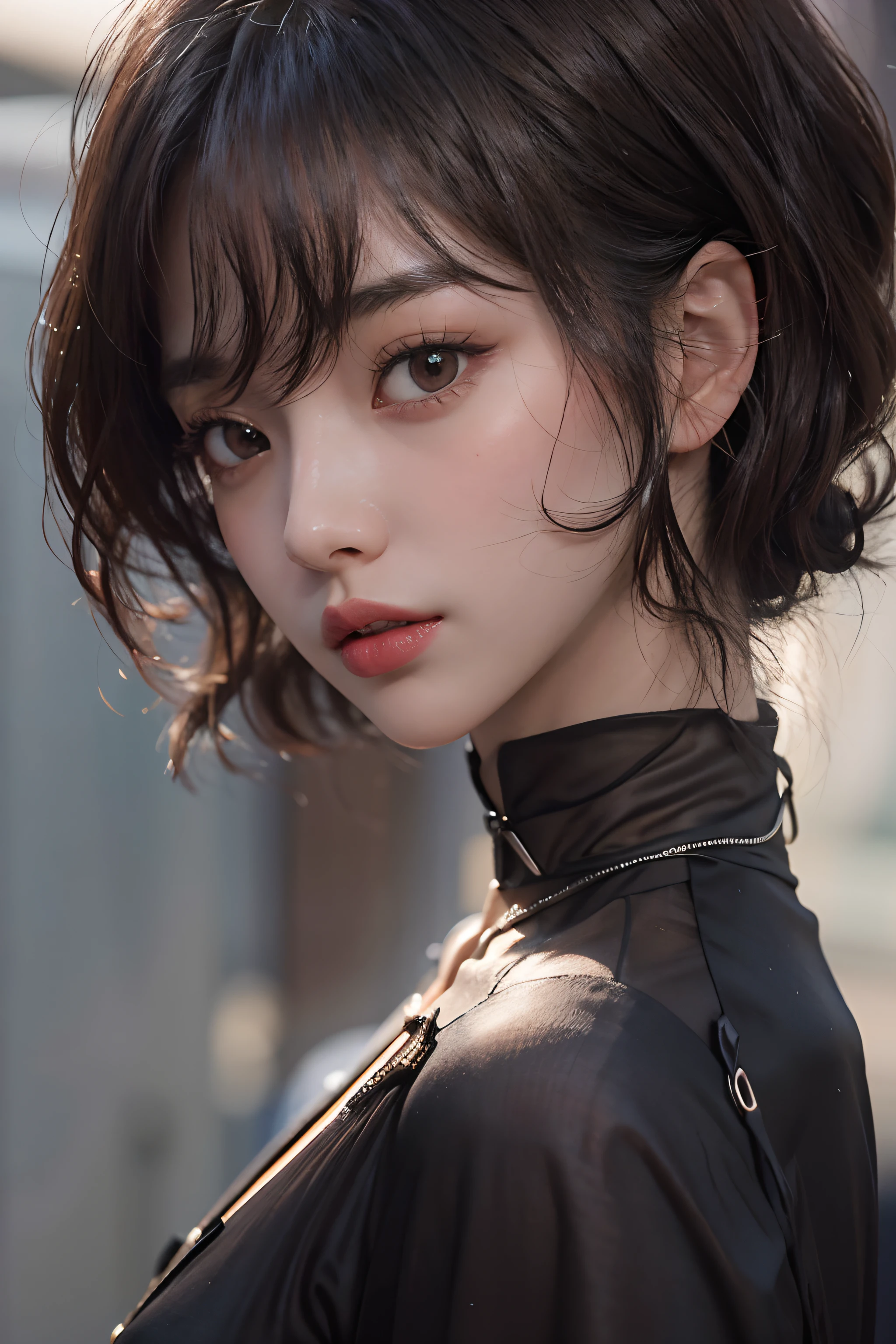 realisitic、8K UHD、hight resolution、(Photoreal Stick:1.2)、(1girl in)、((profile))、(profile)、(black hair shorthair)、((Extra Close Up))、(High quality shadows)、Detail Beautiful delicate face、Detail Beautiful delicate eyes、in her 20s、(A dark-haired)Pretty Kpop Girl、(Korean Urzan Face)、(ulzzang -6500-v1.1:0.6)、pureerosface_v1、gloweyes、perfectbody、 Incredible dynamic range photography(UTIL_Art by Smoose-768:1.1), teak、Bright red lipstick、Glossy lips、Natural color reproduction、((strong lights))、((profile))、(a choker)、((Brown eyes))、((Beautiful Finger))、(Pattsun bangs)、(bangss)、 Shiny hair、Description beautiful delicate hair、(Lustrous skin)、(Black see-through dress)、(Black shortcuts)、(early evening)、(Inorganic concrete room)、(Background blur)、