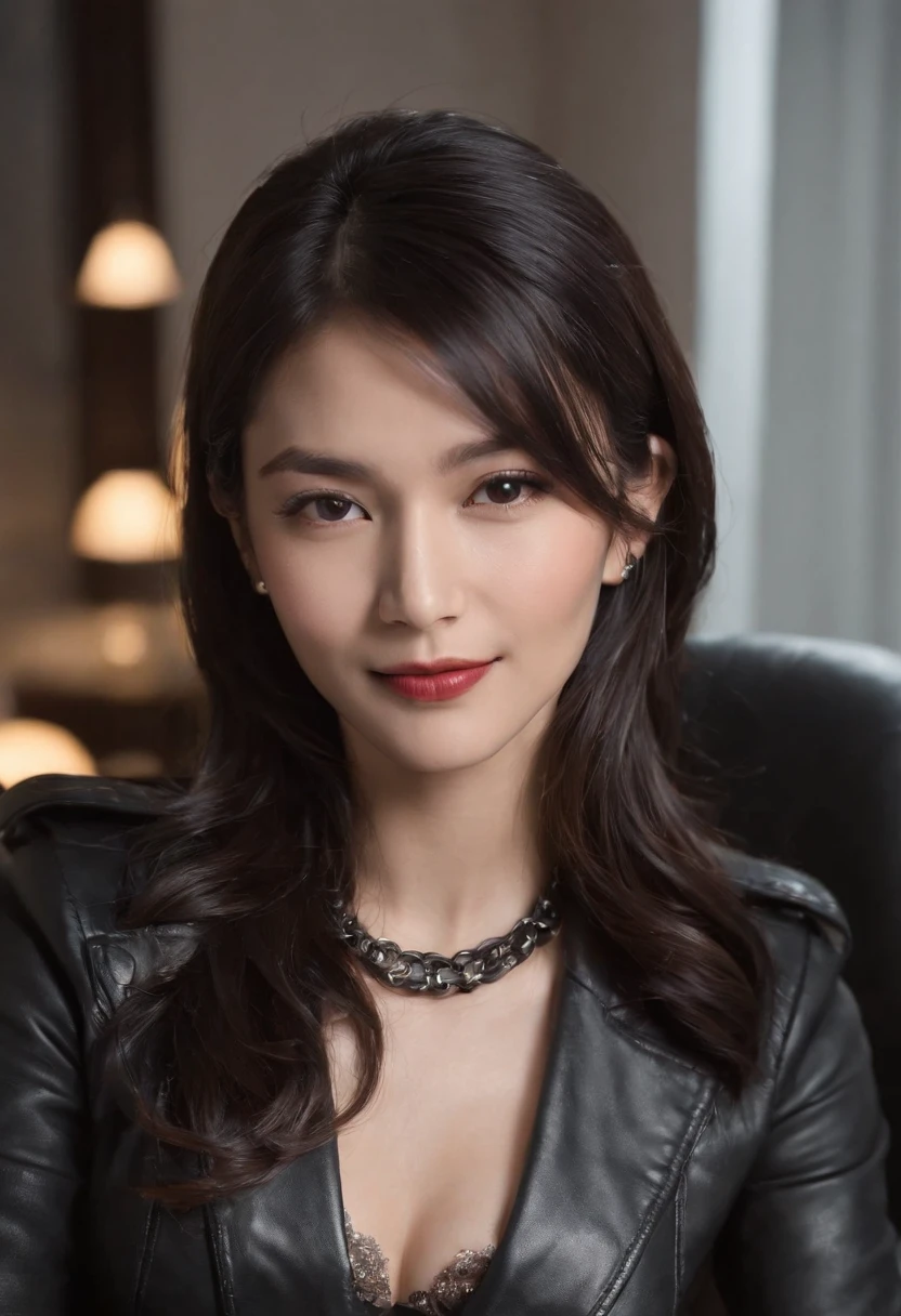 Wearing black leather gloves in both hands, upper body, black leather riders jacket, necklace on the chest, smiling at the desk in the modern study in the dark, long and straight black hair, young Japanese woman (black leather gloves covering both hands) with the fingers of black leather gloves, sitting on the chair, working on the computer, staring at the screen