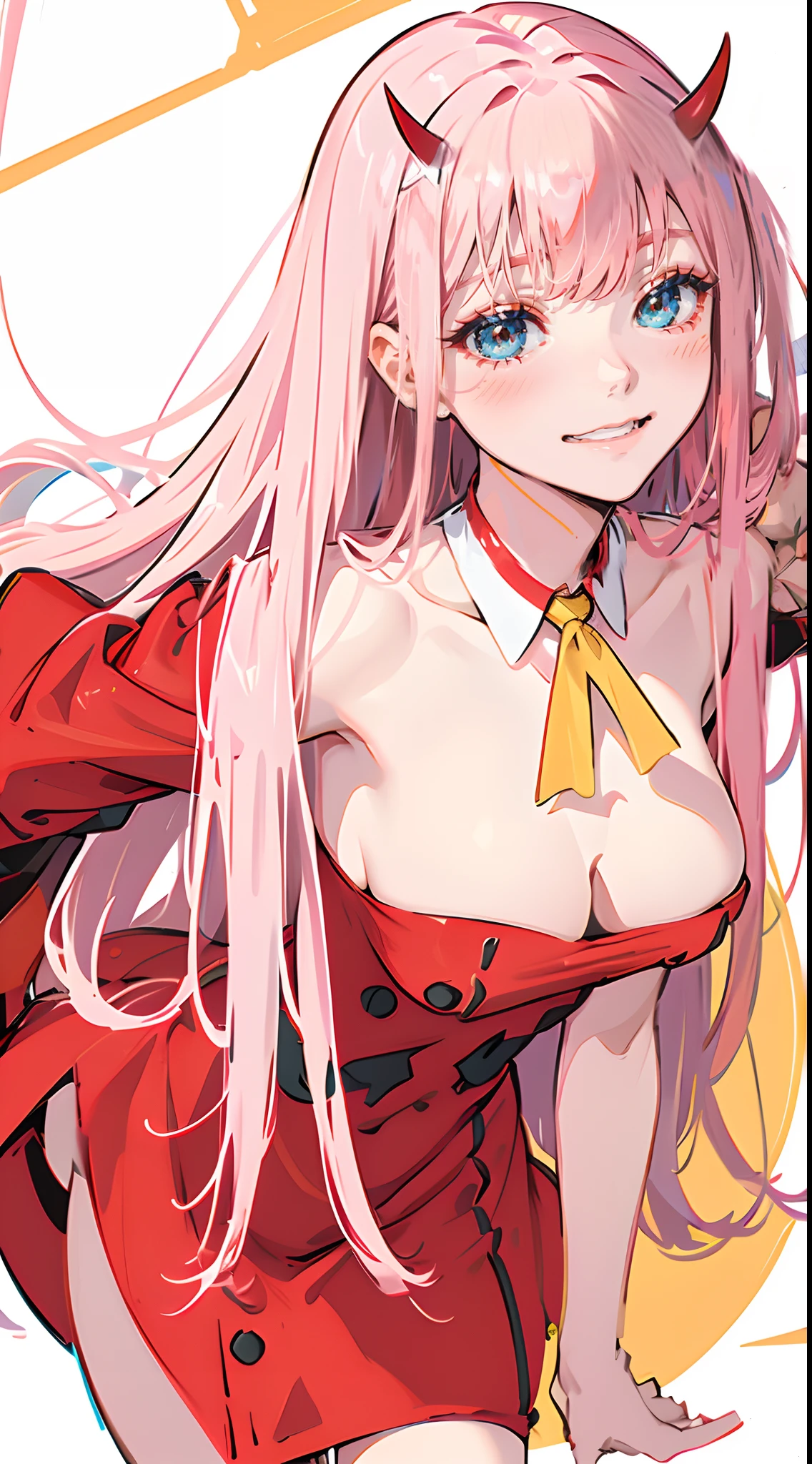 zero two \(darling on franxx\), darling on franxx, 1girl, fringe, bite, eyeshadow, green eyes, horns, long hair, looking at the viewer, small breasts, big thighs, makeup, red dress with details, yellow tie, closed eyes, smiling, pair of small red horns, pink hair, pilot suit, red bodysuit with white details, red eyeshadow, tight skin, solo