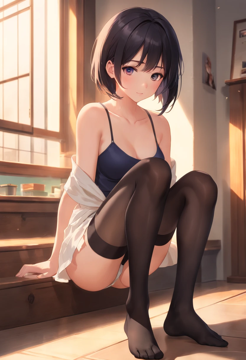 ((of the highest quality, 8K,RAW photo)), (Realistic, Photorealistic: 1.37), (legs focus: 1.1), Small breasts, Rounded chest, mid - length hair, Black hair，girl、age 22、Japanese idol system、(White tight-fitting top: 1.1)、short  skirt, , Sunlight, Movie lighting, (Perfect hands, with perfect legs，perfect foot，Perfect anatomy),blackstockings，Silk feet，Black pantyhose，black pantyhoses，black lence stockings，Type M，transparent pubic hair，Bigchest，long leges，cleavage，low chest，cropped shoulders，Hold your legs with both hands，Hold your legs，Knees，knee hugging，Split legs，squatt，squatting pose，No shoes