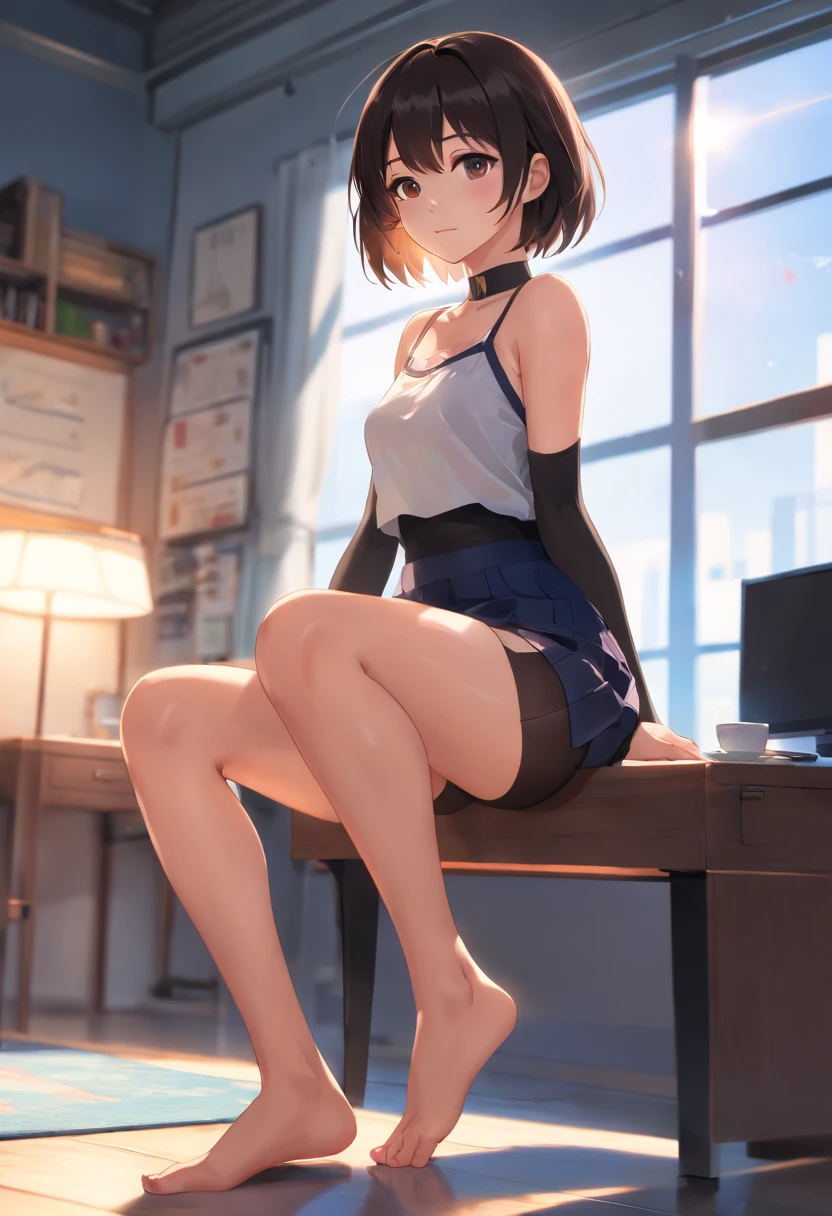 ((of the highest quality, 8K,RAW photo)), (Realistic, Photorealistic: 1.37), (legs focus: 1.1), Small breasts, Rounded chest, mid - length hair, Black hair，girl、age 22、Japanese idol system、(White tight-fitting top: 1.1)、short  skirt, , Sunlight, Movie lighting, (Perfect hands, with perfect legs，perfect foot，Perfect anatomy),blackstockings，Silk feet，Black pantyhose，black pantyhoses，black lence stockings，Type M，transparent pubic hair，Bigchest，long leges，cleavage，low chest，cropped shoulders，Hold your legs with both hands，Hold your legs，Knees，knee hugging，Split legs，squatt，squatting pose，No shoes