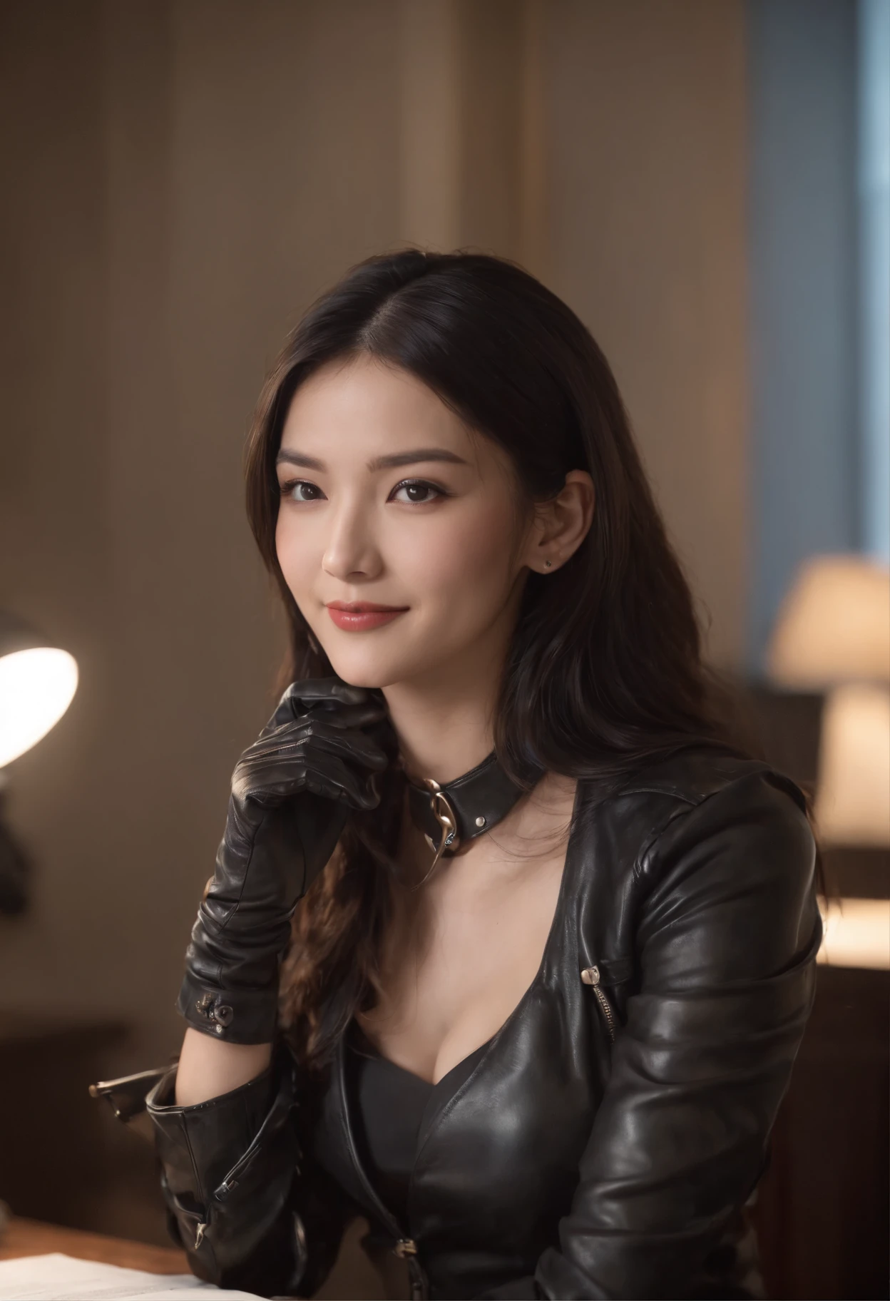 Wearing black leather gloves in both hands, upper body, black leather riders jacket, necklace on the chest, smiling at the desk in the modern study in the dark, long and straight black hair, young Japanese woman (black leather gloves covering both hands) with the fingers of black leather gloves, sitting on the chair, working on the computer, staring at the screen