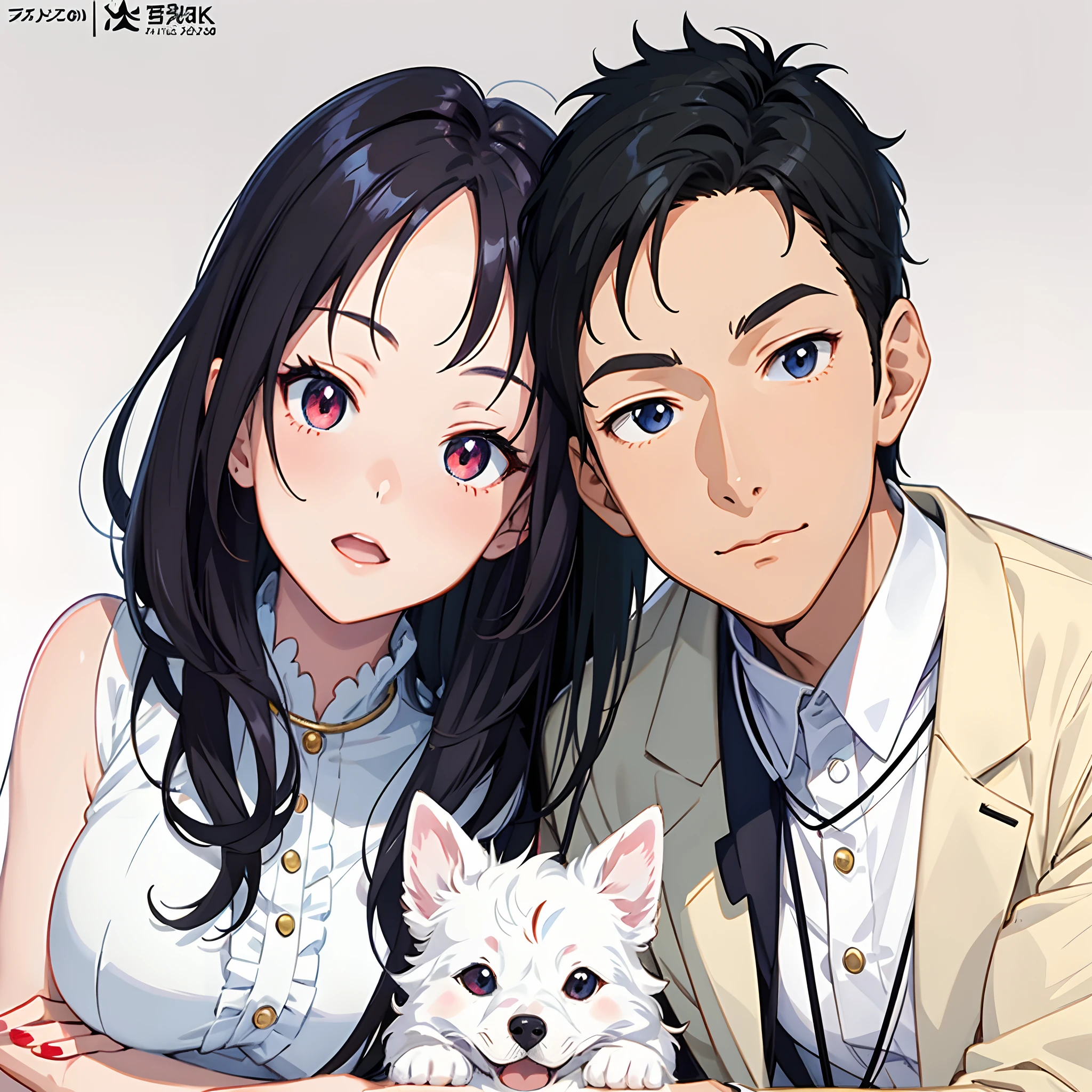 Girl in red，Boy in black，chineseidol，Anime couple posing for a photo with white dog, In anime style, fanart, slice of life anime, Anime style illustration, illustrated anime, Anime visuals of cute dogs, Cute anime, official anime still, anime big breast! 4K