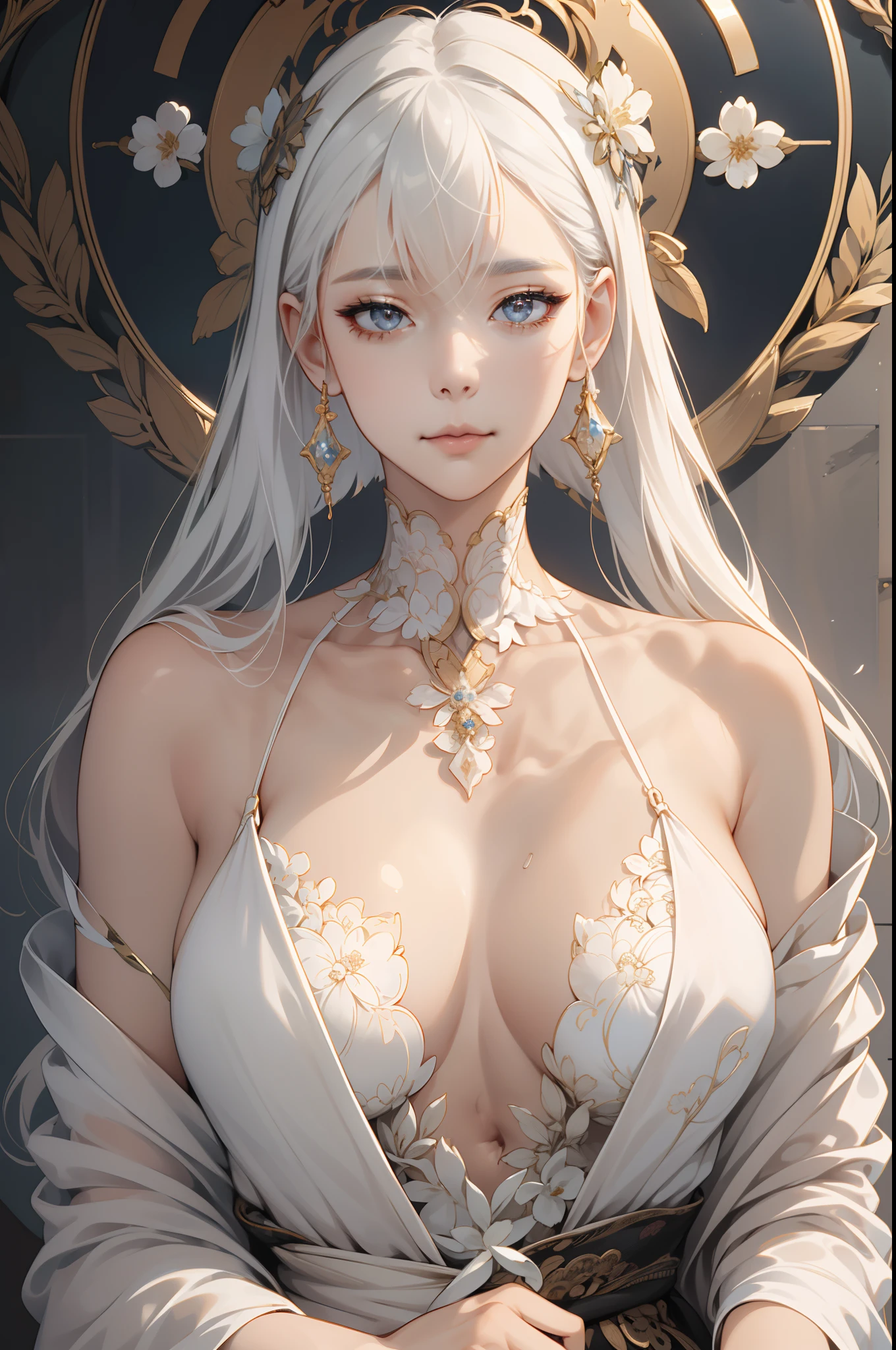 (extremely delicate and beautiful:1.2)、(masterpiece:1.0)、(best_quality:1.0)、1girl in、a matural female、intricate detailes、Enlarged texture、intricate detailes、finely eye and detailed face、intricate detailes、white hair、(a closed mouth)、perfect eyes、Equal eyes、(goddes)、a closeup,ighly detailed