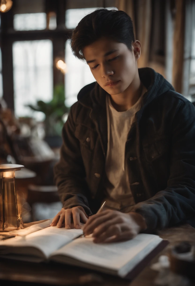 an 18 year old boy studying in busy environment in anime style