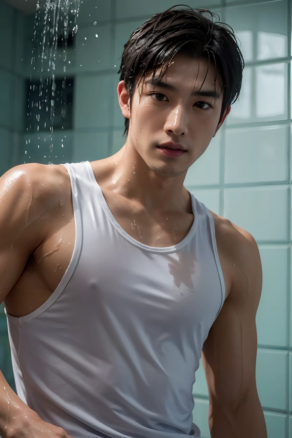 Best quality, High quality, A high resolution, 4K, Masterpiece, detailed face, asian man photo, 2 young men, handsome, tank top, wet shirt, perfect face, perfect bodies, take a shower