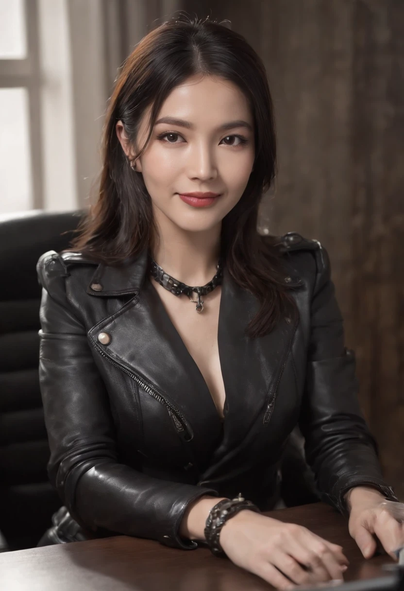 Wearing black leather gloves in both hands, upper body, black leather riders jacket, necklace on the chest, smiling at the desk in the modern study in the dark, long and straight black hair, young Japanese woman (black leather gloves covering both hands) with the fingers of black leather gloves, sitting on the chair, working on the computer, staring at the screen