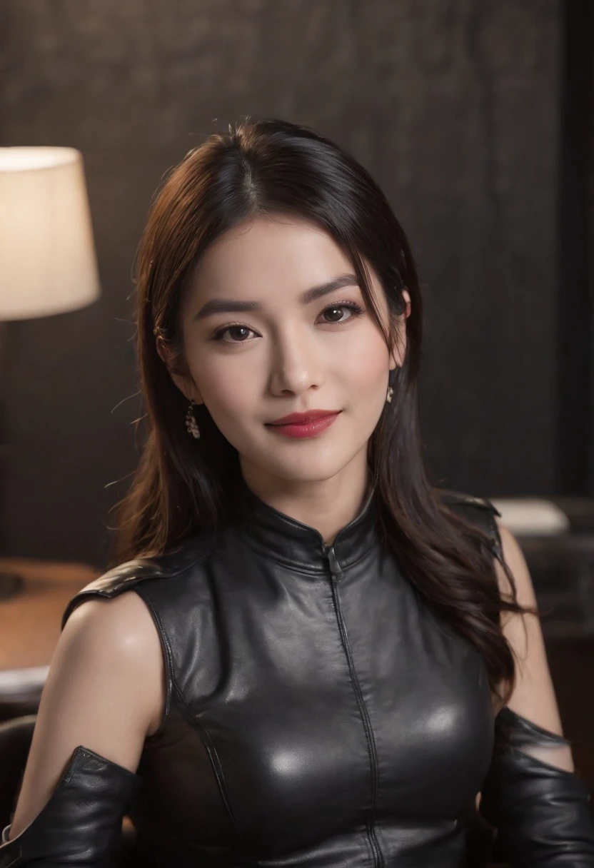 Wearing black leather gloves in both hands, upper body, black leather riders jacket, necklace on the chest, smiling at the desk in the modern study in the dark, long and straight black hair, young Japanese woman (black leather gloves covering both hands) with the fingers of black leather gloves, sitting on the chair, working on the computer, staring at the screen