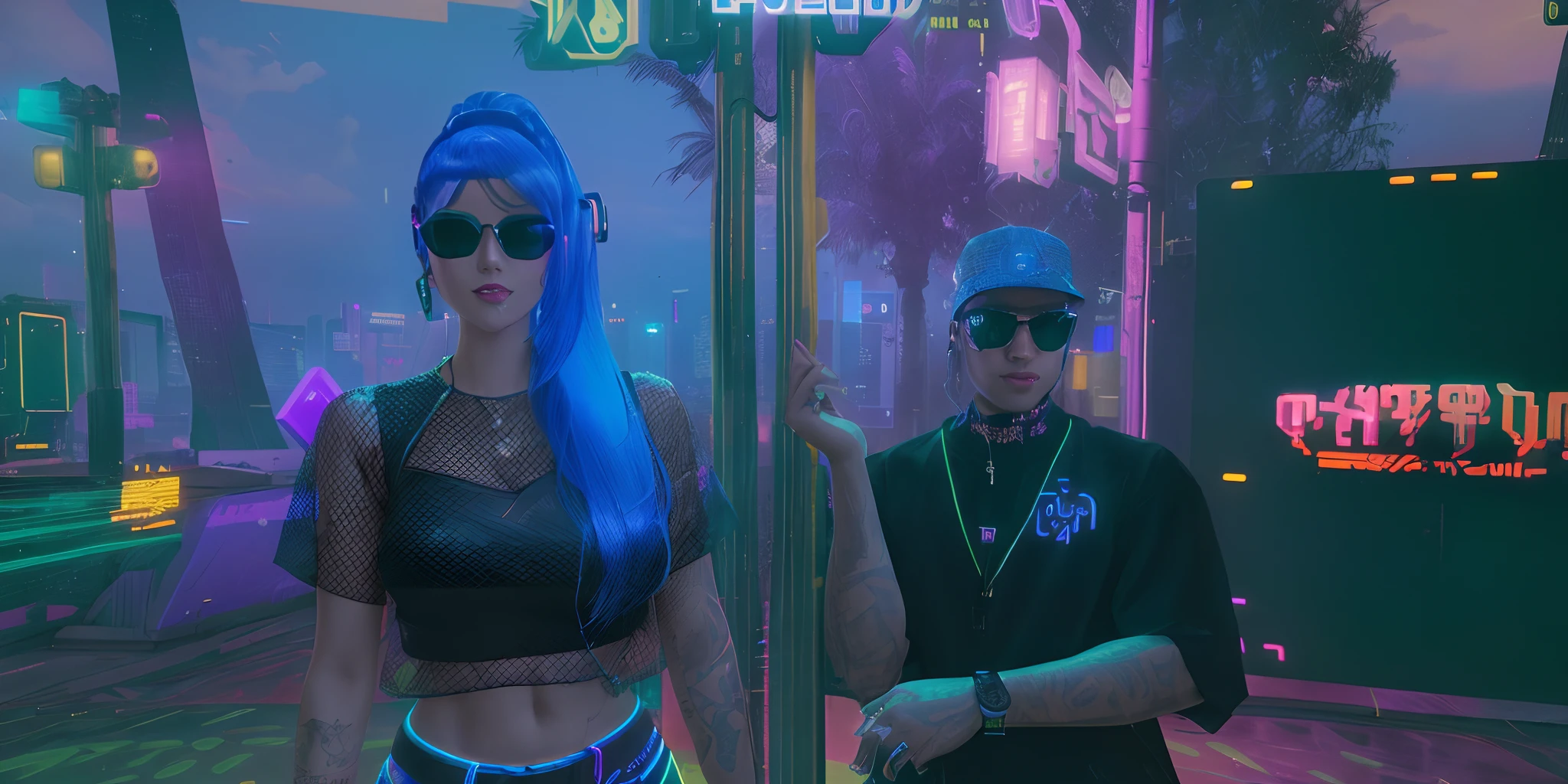 There are two people standing on a street with neon lights, rococo cyber neon lighting, em cyber punk 2077, retro-wave vibes, chillin no clube juntos, Legal vibes, no estilo cyberpunk, Cyberpunk))))), Avatar do Second Life, em cyberpunk city, cyberpunk vibes, vibe cyberpunk, KDA e Sam Yang, cyber punk setting