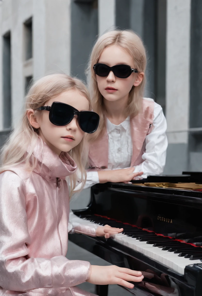 blind girl , black sunglas, playing piano, street performance