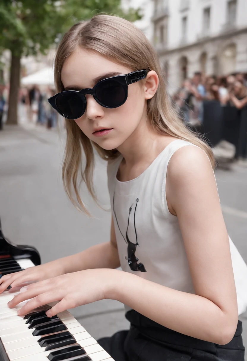 blind girl kids, black sunglas, playing piano, street performance