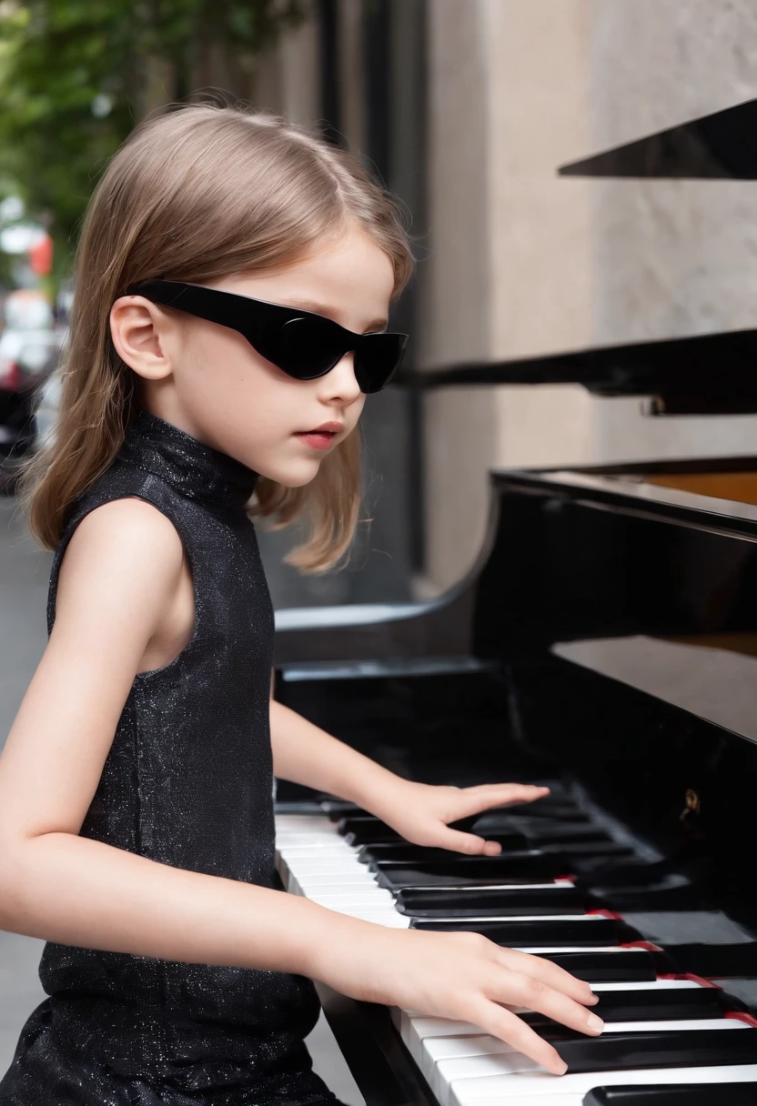 blind girl , black sunglas, playing piano, street performance