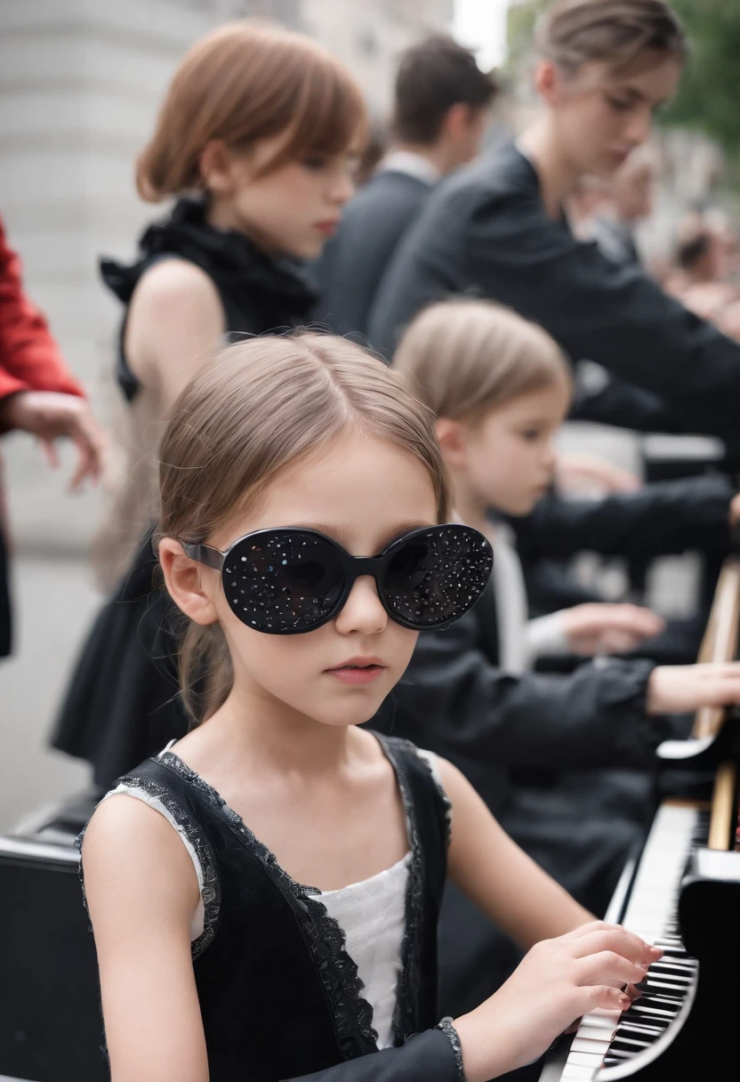 blind girl kids, black sunglas, playing piano, street performance