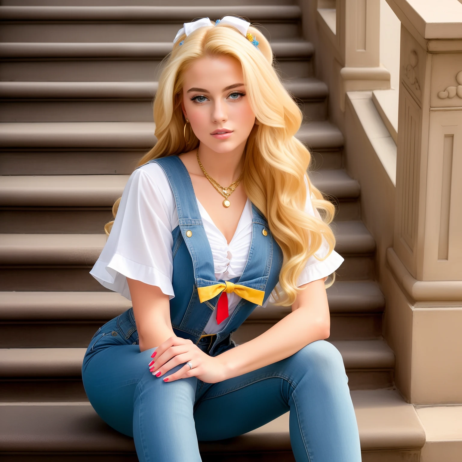 (Best quality, 4k,8k,high res,masterpiece:1.2),Ultra-detailed, Sailor Moon sitting on the steps of a fancy staircase with her exquisite blonde hair flowing down her shoulders. She’s exhibiting a variety of poses as she dons fashionable colorful blue jean outfits from the 2000s.