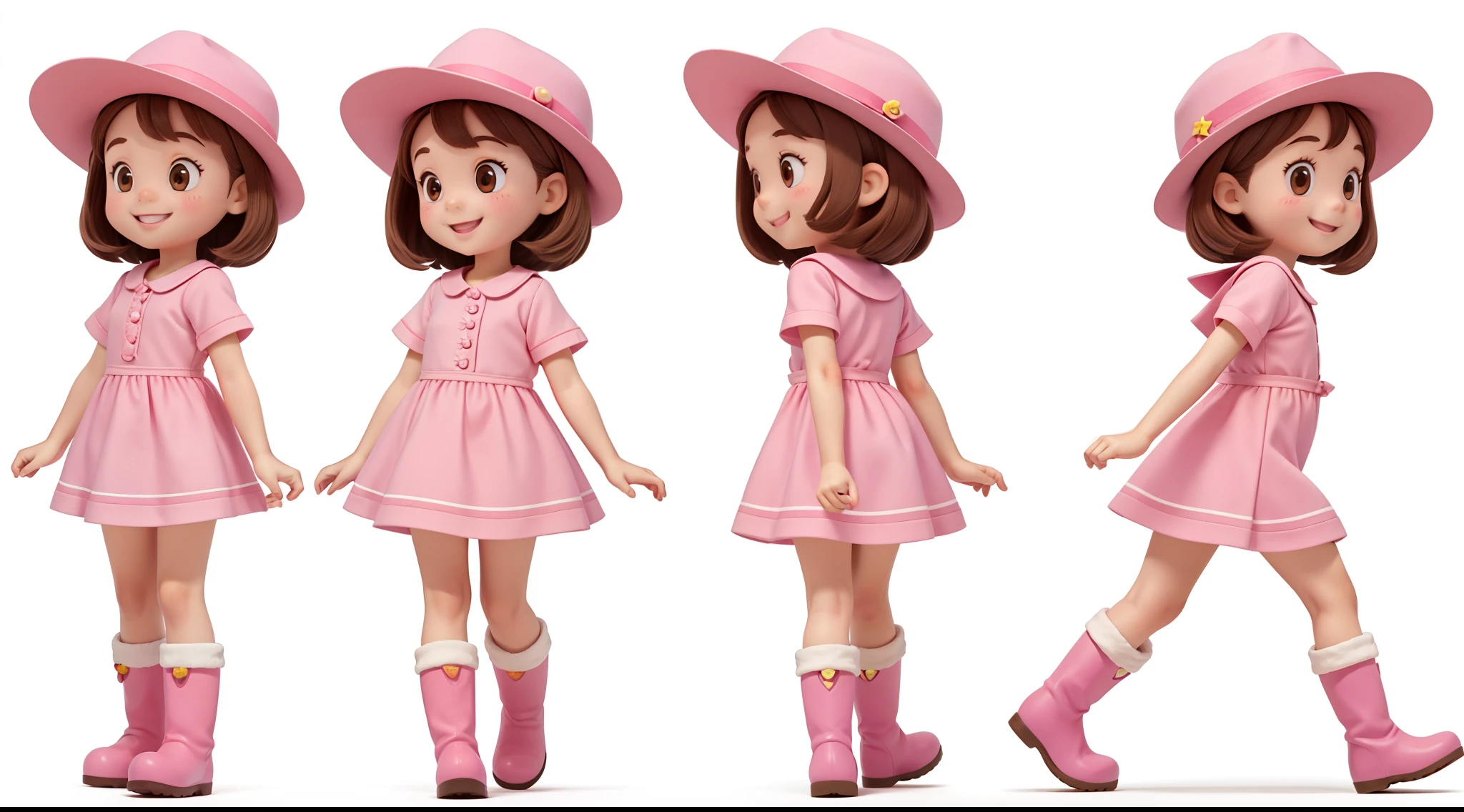 a girl walking, character animation frames, with an identical design of the character in each frame. The littleis alone, happy, with brown hair, brown eyes, rosy cheeks, wearing a pink farm outfit, a pink hat, pink boots, and a white background.