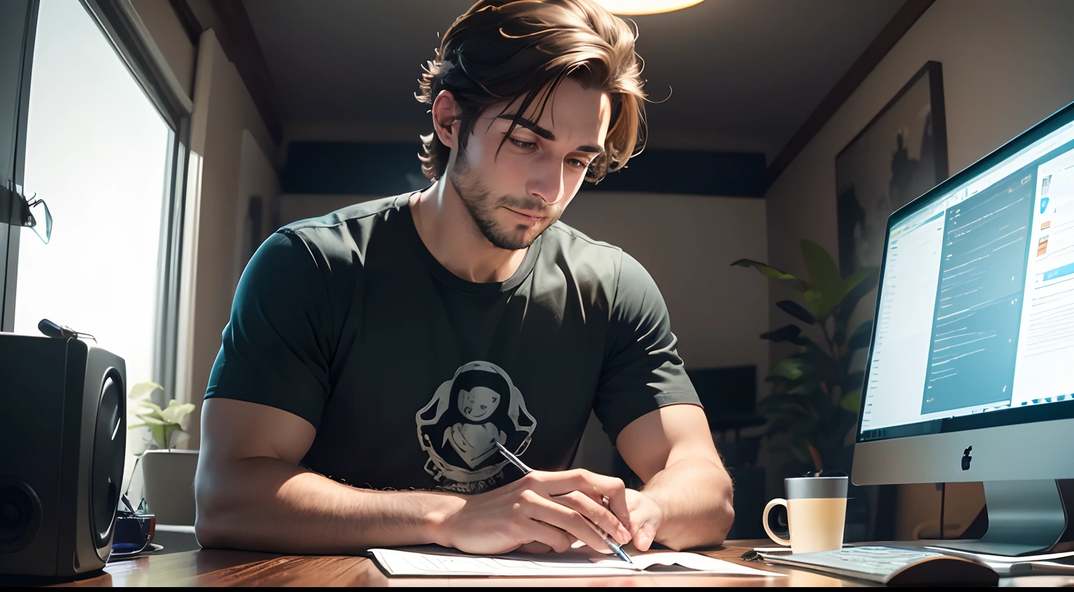 a man who's sitting front of his computer an doing a relly fun job