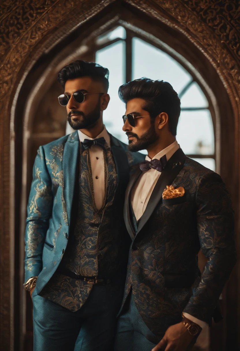 there is a man standing in front of a window wearing a jacket, stylish pose, looking heckin cool and stylish, mohamed chahin style, with a cool pose, wearing an ornate suit, wearing a fancy jacket, dressed in a jodhpuri suit, doing an elegant pose, modern maximalist suit, intricate suit, jayison devadas style, stylish deity, photoshoot