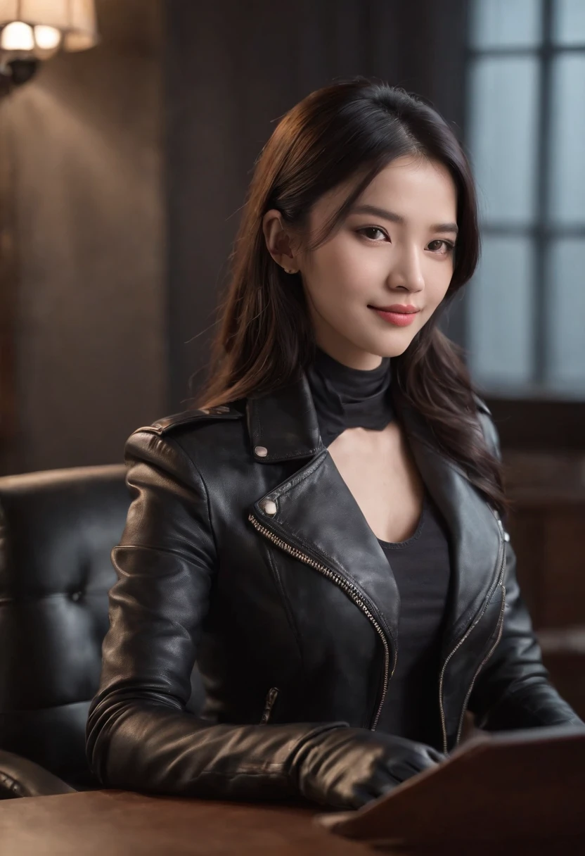 Wearing black leather gloves in both hands, upper body, black leather riders jacket, necklace on the chest, smiling at the desk in the modern study in the dark, long and straight black hair, young Japanese woman (black leather gloves covering both hands) with the fingers of black leather gloves, sitting on the chair, working on the computer, staring at the screen