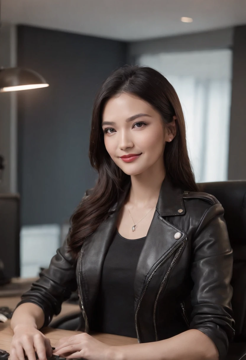 Wearing black leather gloves in both hands, upper body, black leather riders jacket, necklace on the chest, smiling at the desk in the modern study in the dark, long and straight black hair, young Japanese woman (black leather gloves covering both hands) with the fingers of black leather gloves, sitting on the chair, working on the computer, staring at the screen