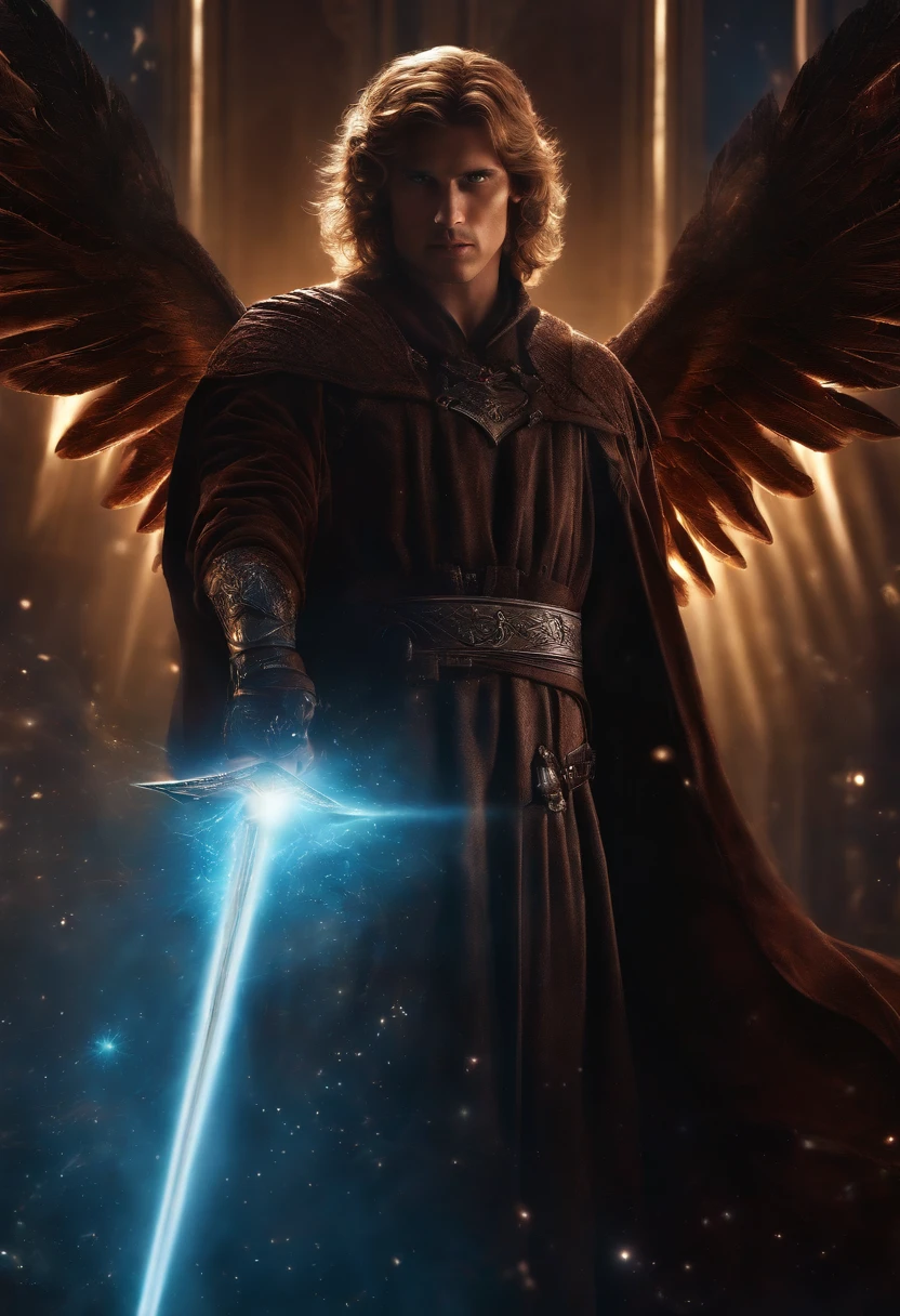 Cosmic Fallen Angel, glowing light eyes, Biomechanical, eerie, Creepy, nightmarish, Very bright colors, Light particles, with light glowing, Mshiff, wallpaper art, UHD wallpaper, anakin skywalker, 15 years, medieval clothes
