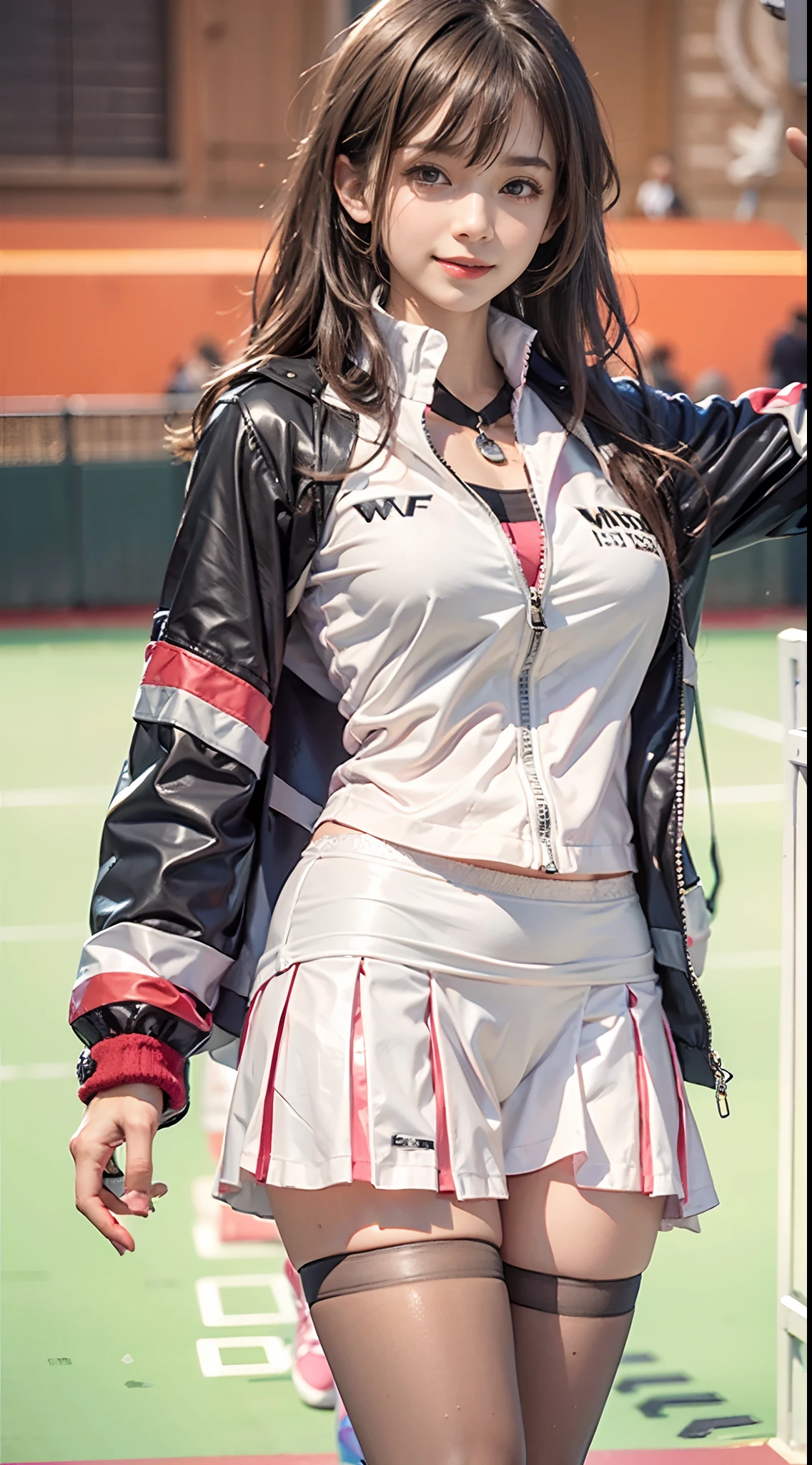 (The FW), 1womanl, Solo, 24 year old, 7headed body, (cute face), (Ideal ratio body proportions), long , tennis coat, Short sleeve shirt with collar, Tennis Wear, Ultra mini skirt, panties focus, Eroi body, Wearing sweat, The costume is sheer, Wet, Smiling smile, short-hair, Dark hair, small tits, A slender, Small buttocks, beauty legs, Skinny Legs, surrealism, Cinematic lighting, depth of fields, One-person viewpoint, F/1.8, 135 mm, nffsw, masutepiece, ccurate, ((Anatomically correct)), Textured skin, Super Detail, high details, High quality, awardwinning, Best Quality, hight resolution, 8K