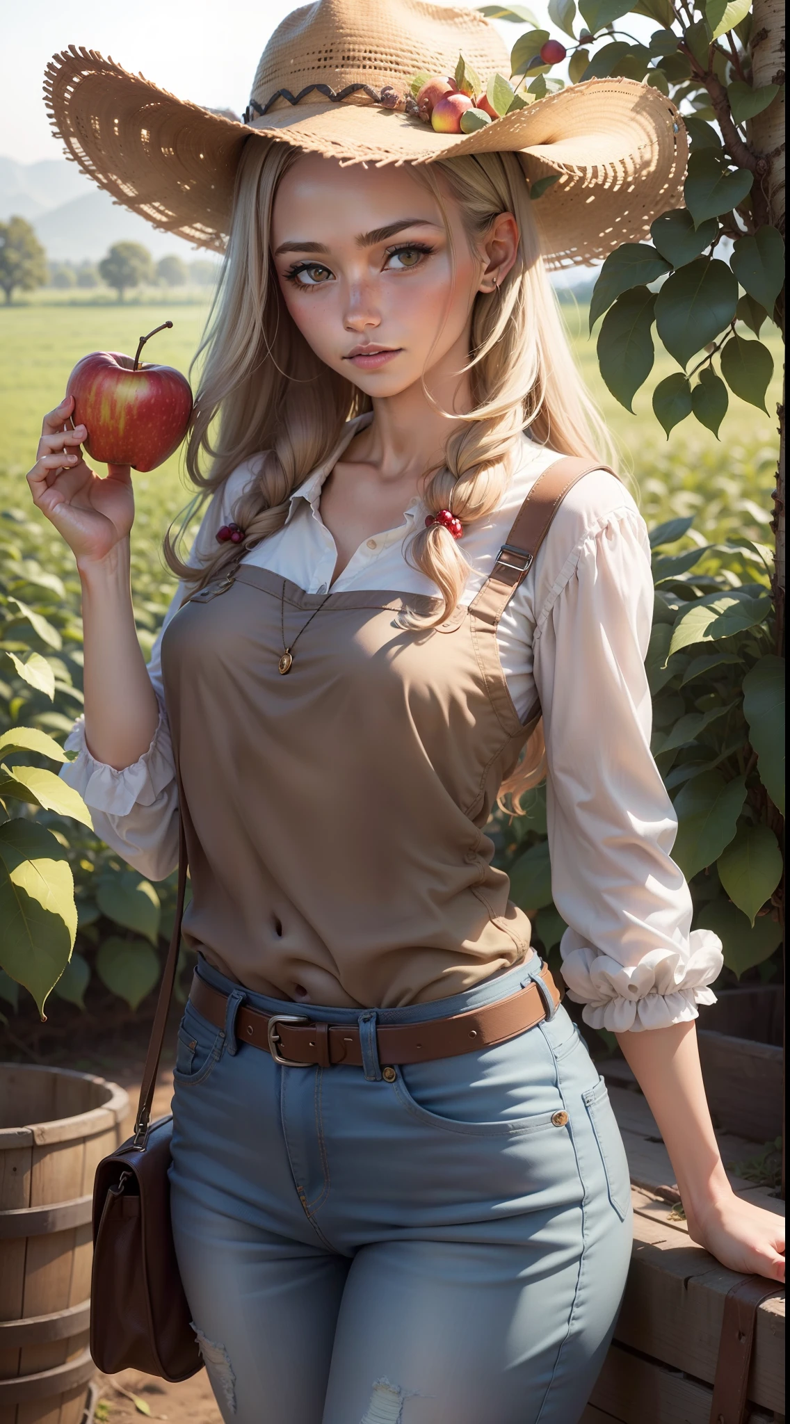 Uma mulher de cabelos muito longos, castanho claro, is wearing cowboy clothes while working in the field of a farm. She is picking apples with her skilled hands and looks directly at the viewer with a charming look, overflowing with a mixture of determination and serenity.
His attire consists of a long-sleeved shirt in earthy tones, with finish worn by hard work in the field, e uma jaqueta de couro marrom, that demonstrates your strength and endurance. The jeans, also worn down by the challenges of the field, It has characteristic features that tell stories of its journey.
The clothes are serious and practical, transmitindo a imagem de uma mulher forte e determinada, focada em seu trabalho e no cuidado com a terra. There is no intention to convey sensuality, mas sim uma dose de estoicismo, a deep connection to nature and country life.
The surrounding scenery is a farm, with vast, verdant fields stretching as far as the eye can see. Fruit trees surround the woman, with branches laden with ripe apples, prontas para serem colhidas. The sun sets on the horizon, casting a soft golden light over the landscape, adicionando um toque de magia ao ambiente.
Neste momento, a mulher trabalhadora do campo encontra-se em seu elemento, em perfeita harmonia com a natureza. Its enchanting look invites the viewer to connect with dedication, The strength and beauty inherent in hard work on Earth.