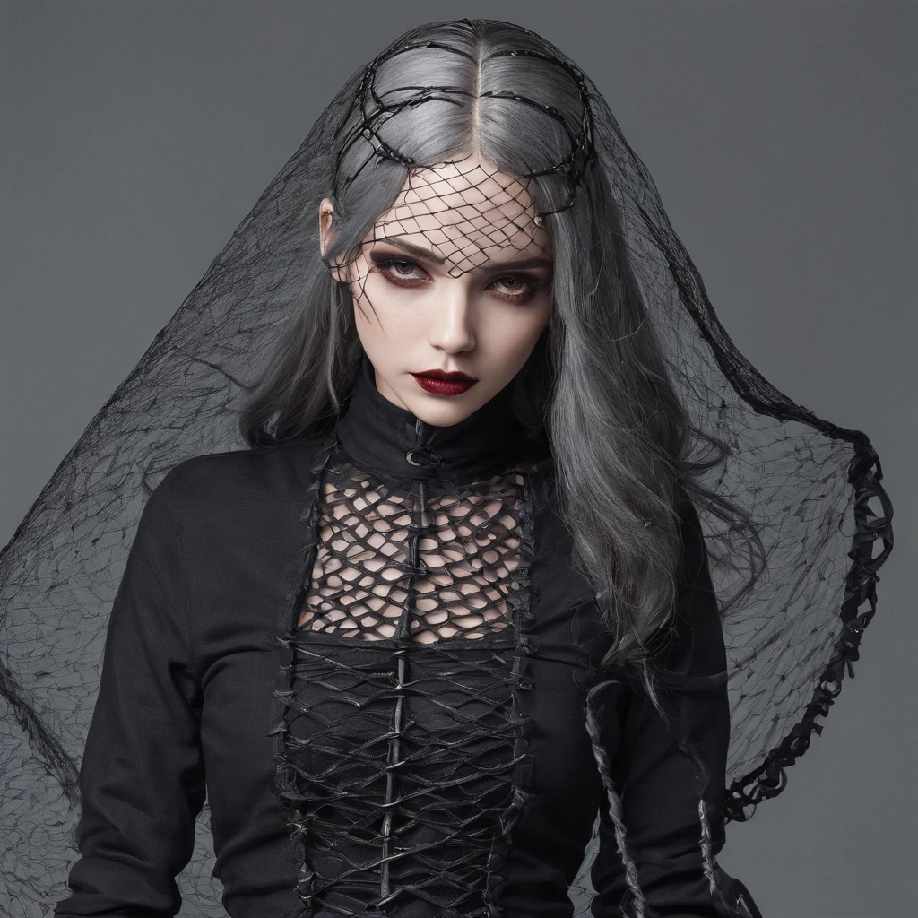 Girl with gothic net symbolic clothes, 。.com (Barbed wire of the body) brunette color hair,Gray hair ends